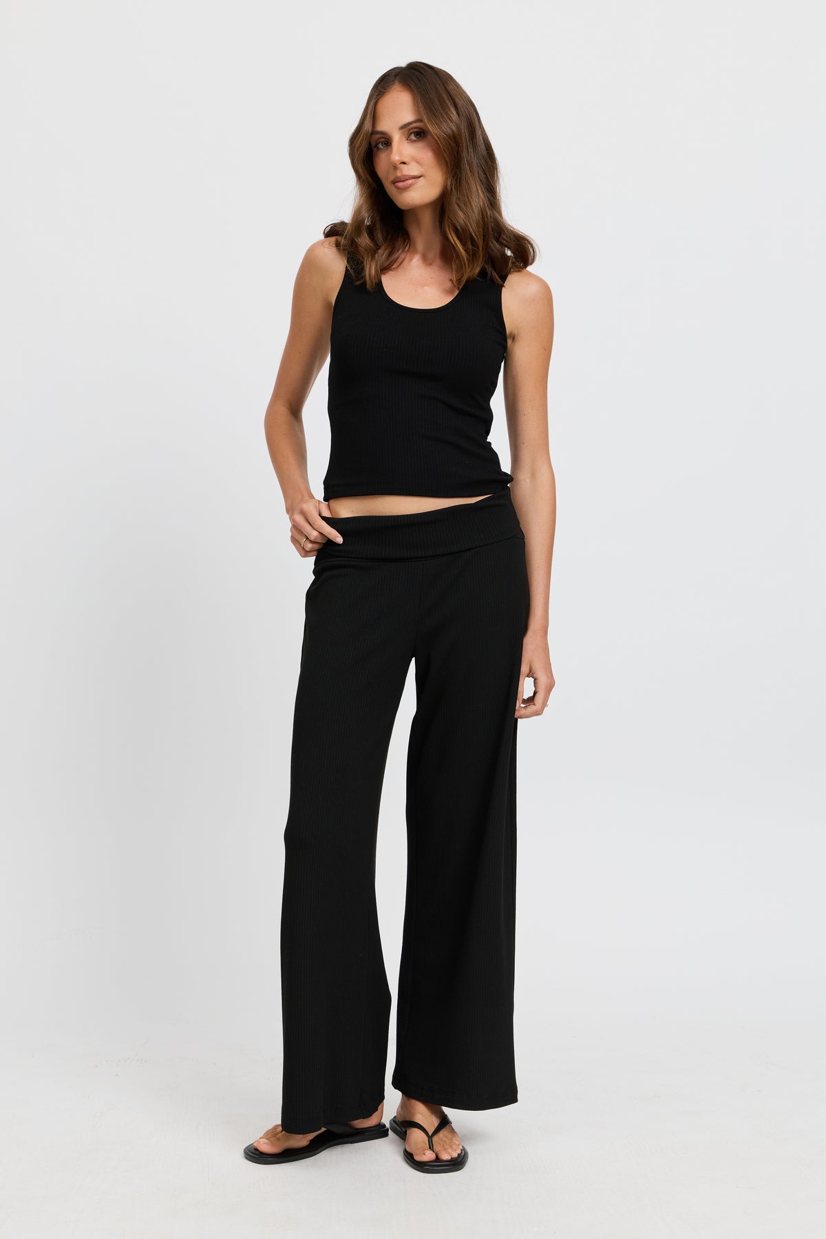 Esta Ribbed Foldover Waist Pant - Black