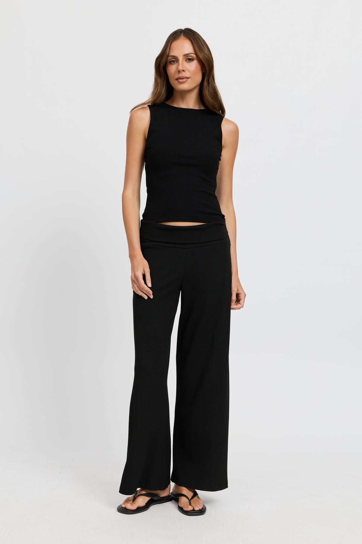 Esta Ribbed Foldover Waist Pant - Black