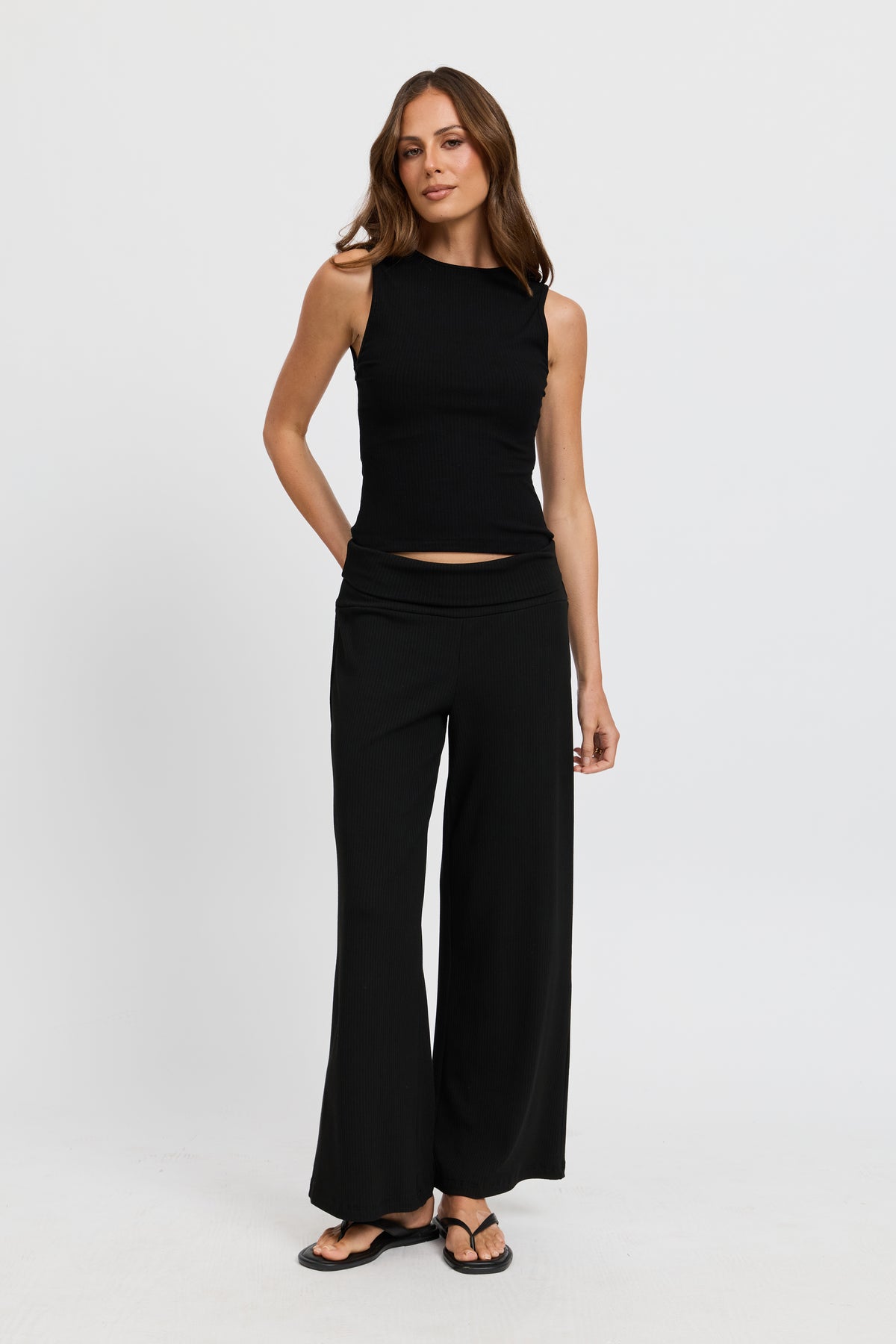 Esta Ribbed Foldover Waist Pant - Black