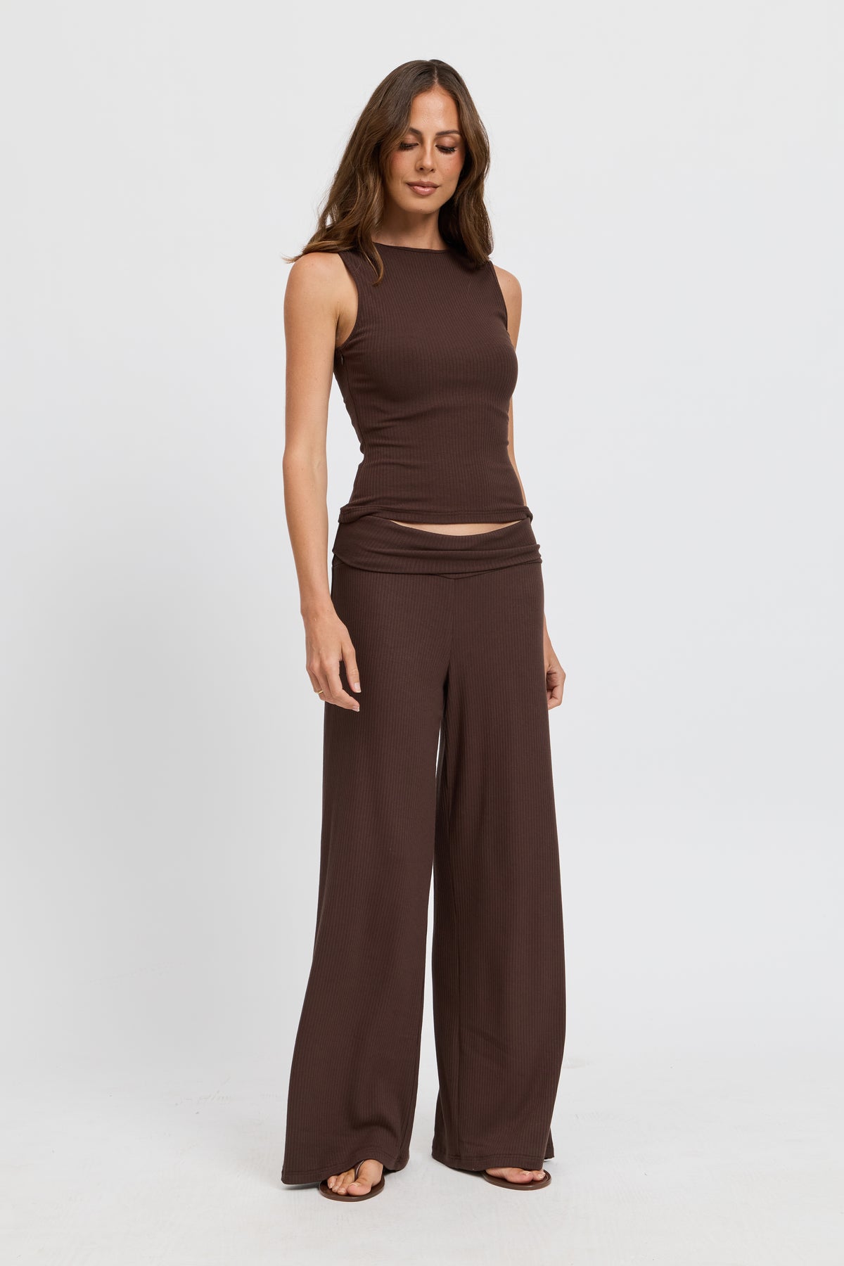 Esta Ribbed Foldover Waist Pant - Chocolate