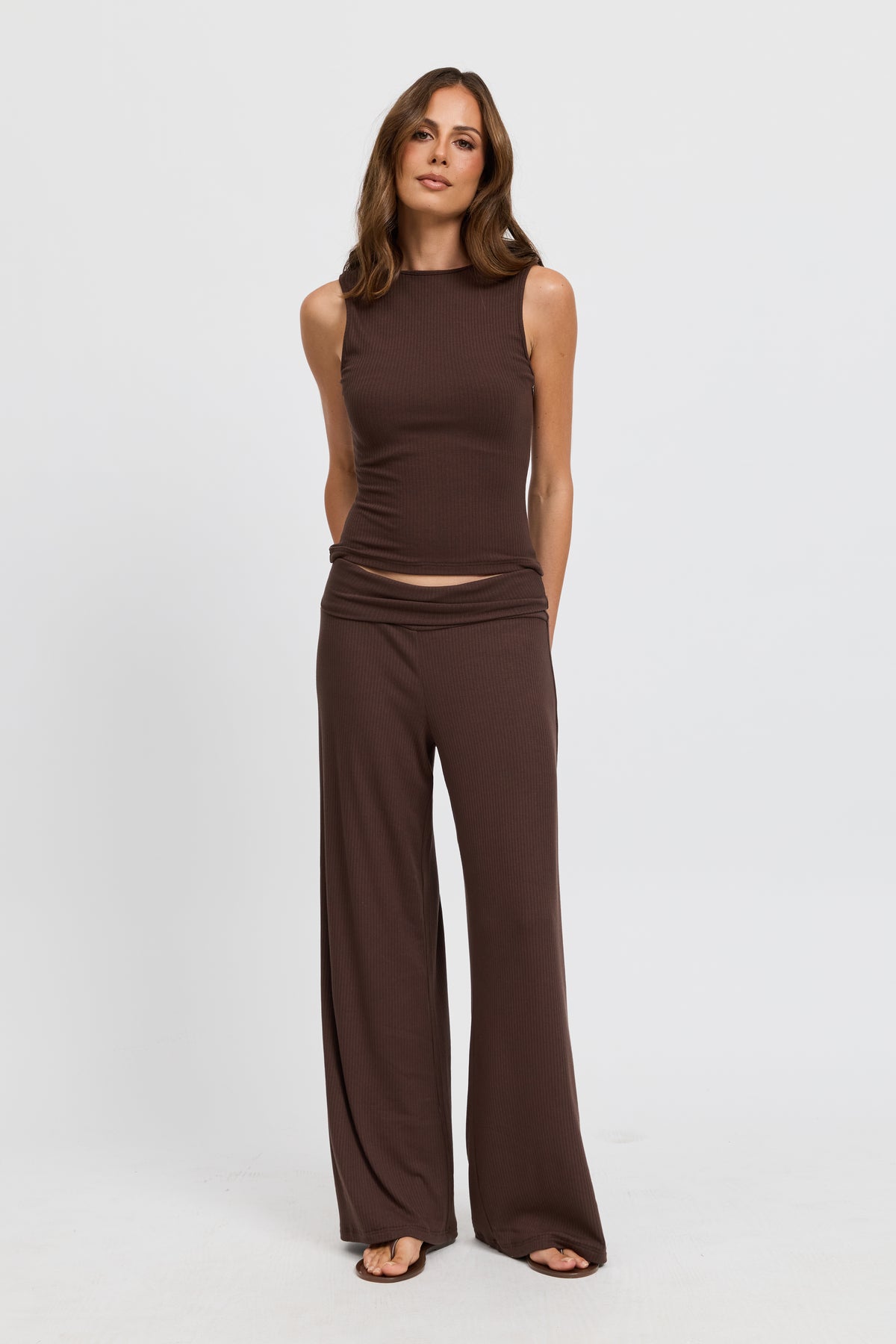 Esta Ribbed Foldover Waist Pant - Chocolate