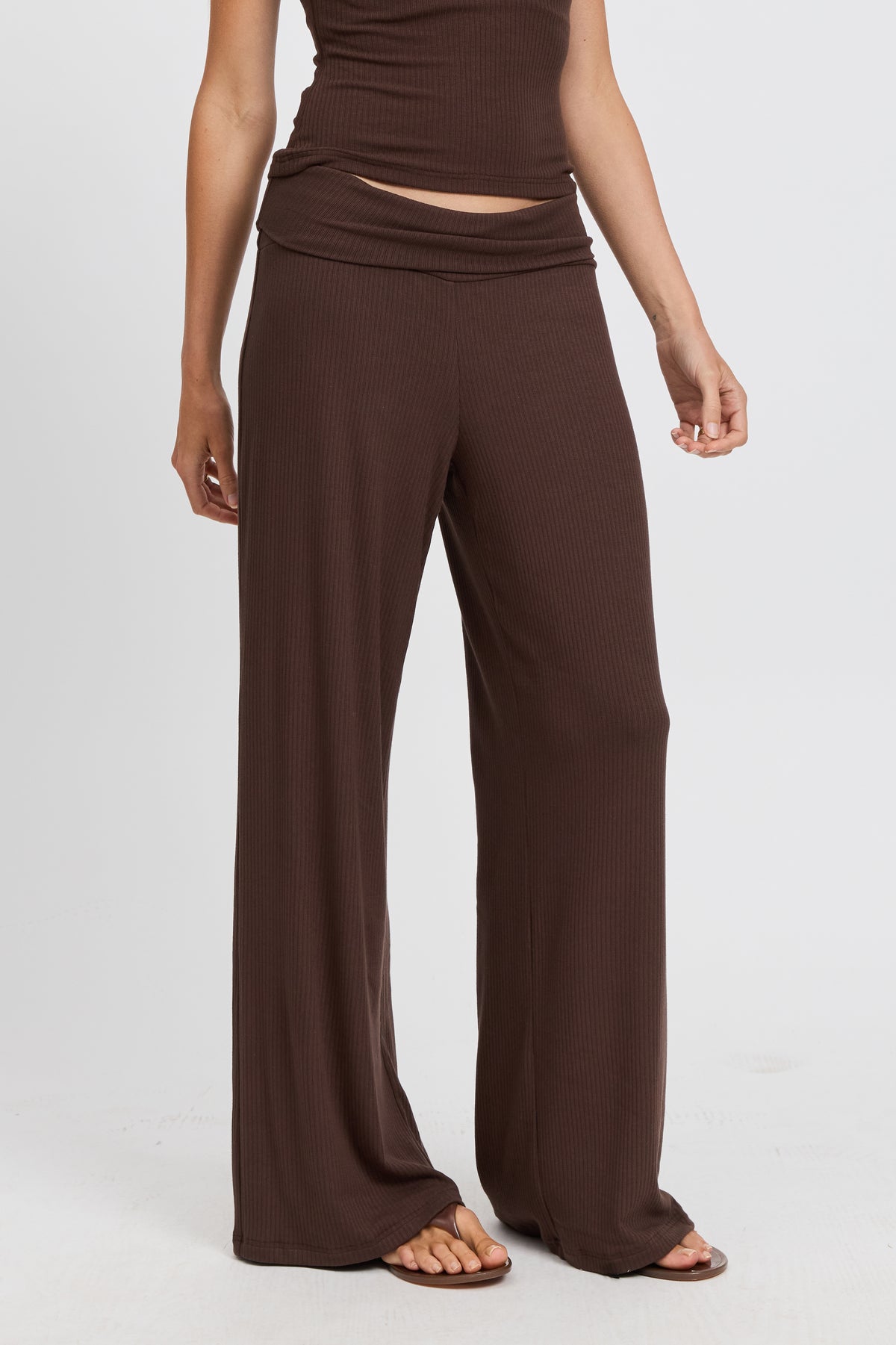Esta Ribbed Foldover Waist Pant - Chocolate