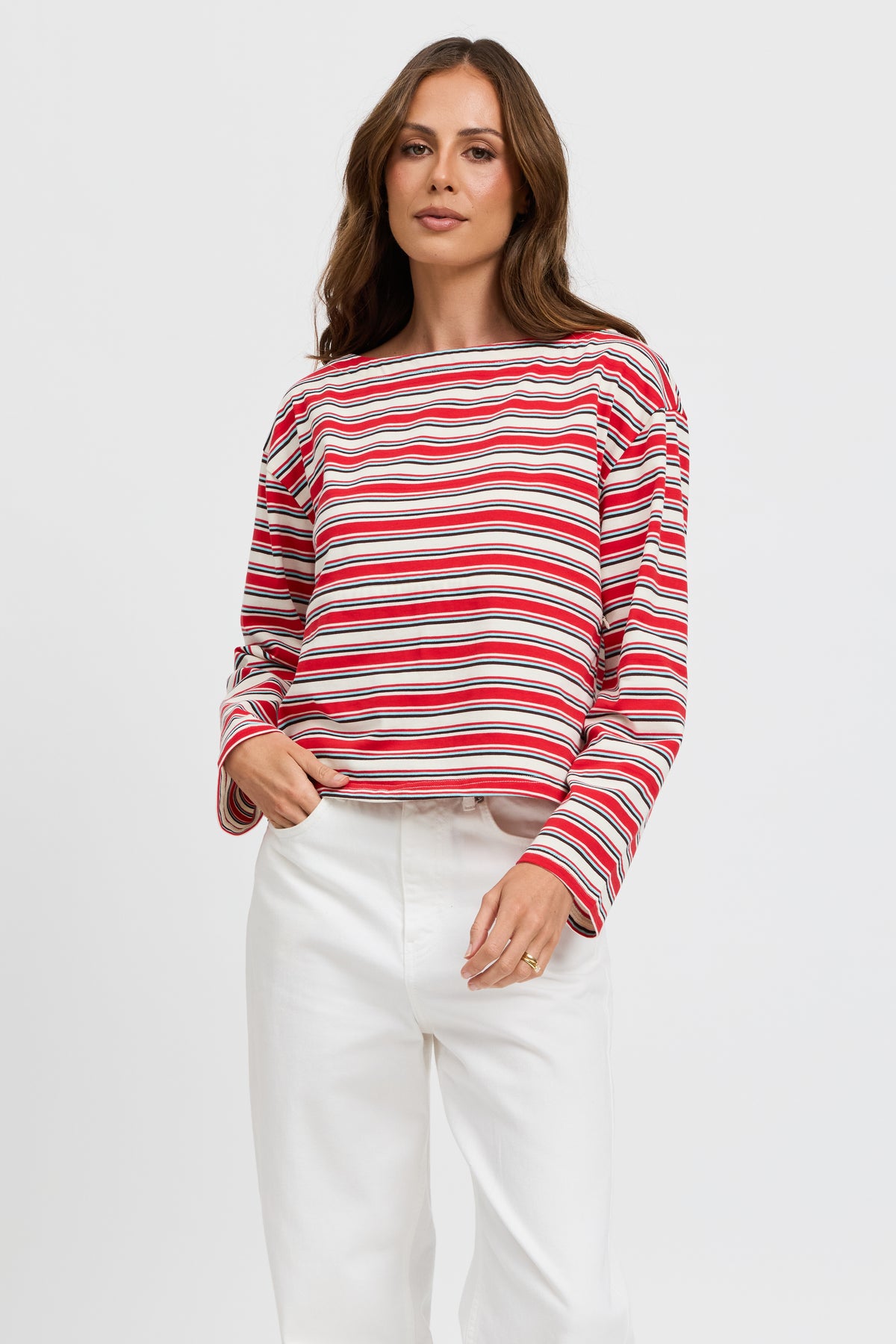 Genevieve Stripe Boatneck Long Sleeve Top - Red / White / Blue