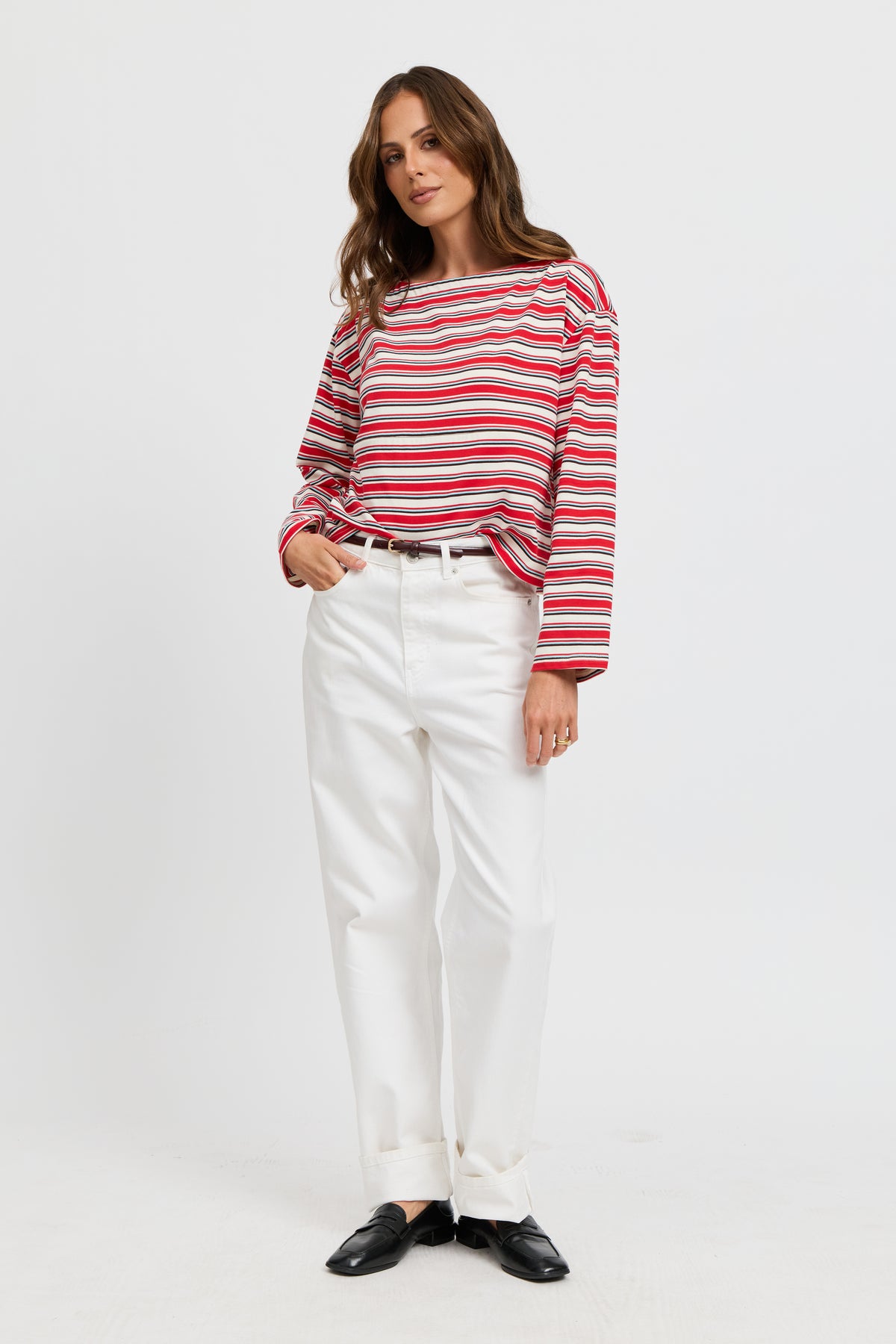 Genevieve Stripe Boatneck Long Sleeve Top - Red / White / Blue