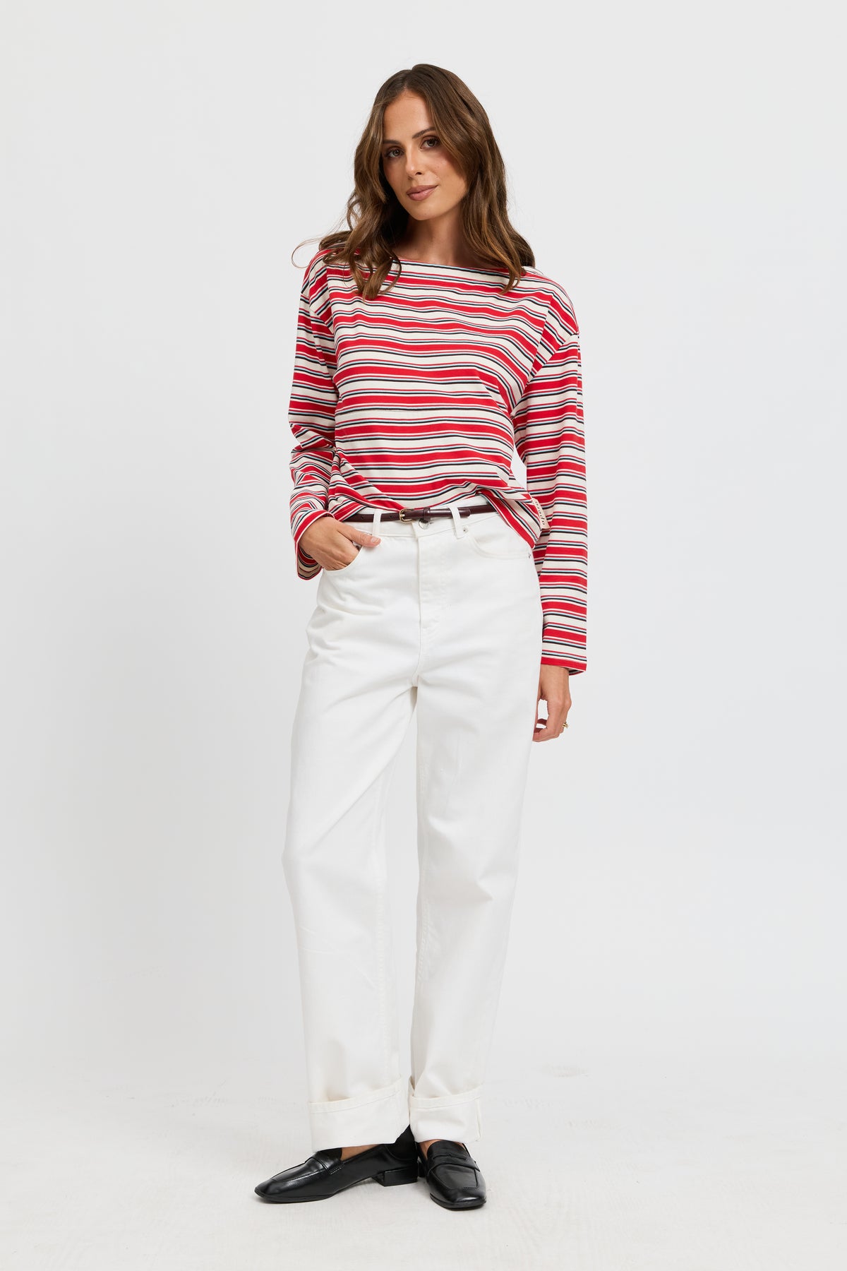 Genevieve Stripe Boatneck Long Sleeve Top - Red / White / Blue