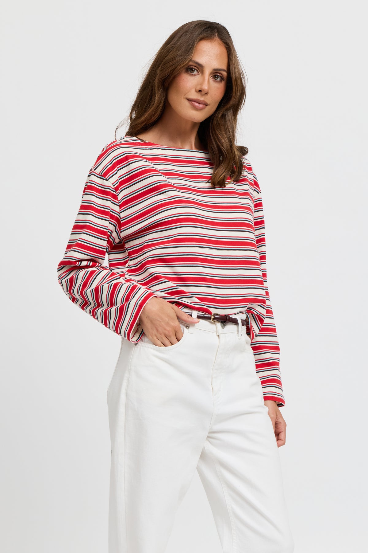 Genevieve Stripe Boatneck Long Sleeve Top - Red / White / Blue