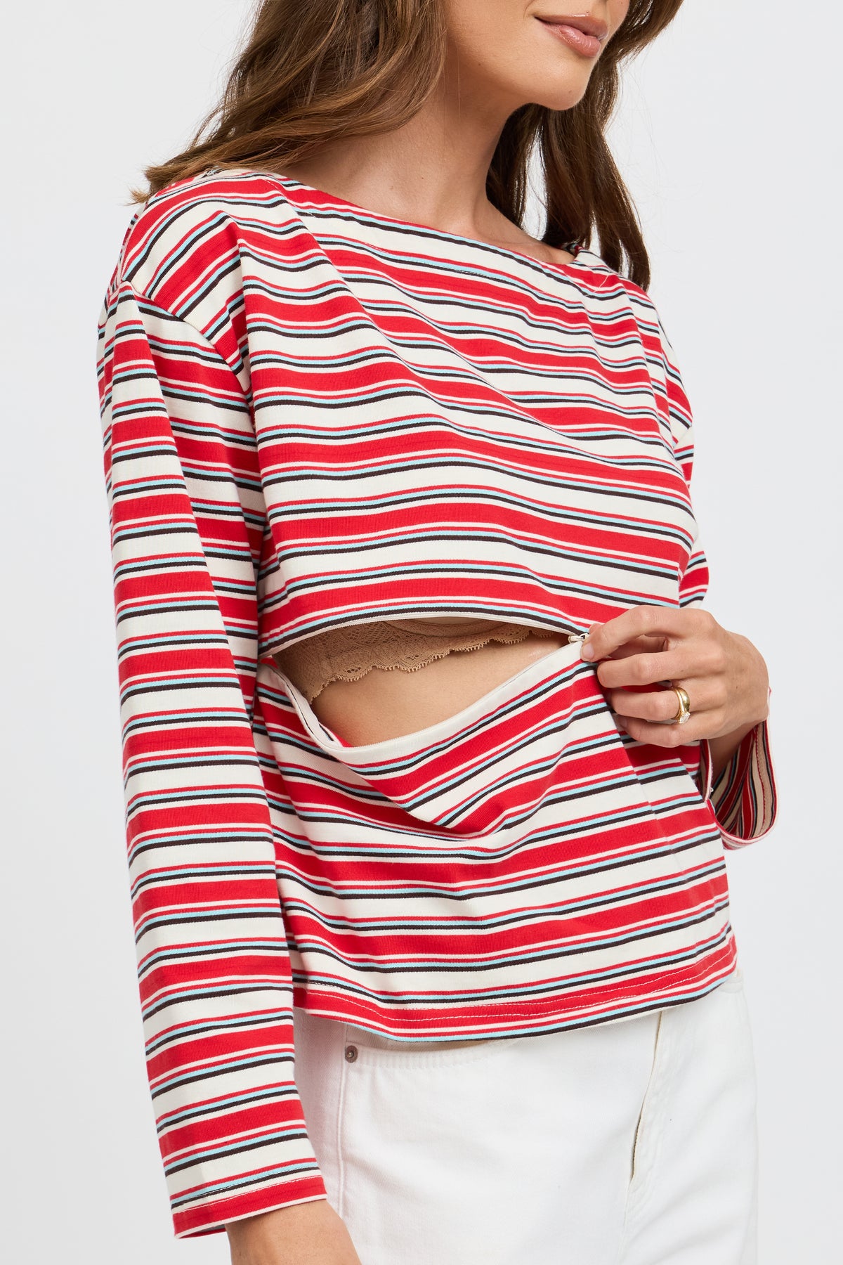 Genevieve Stripe Boatneck Long Sleeve Top - Red / White / Blue