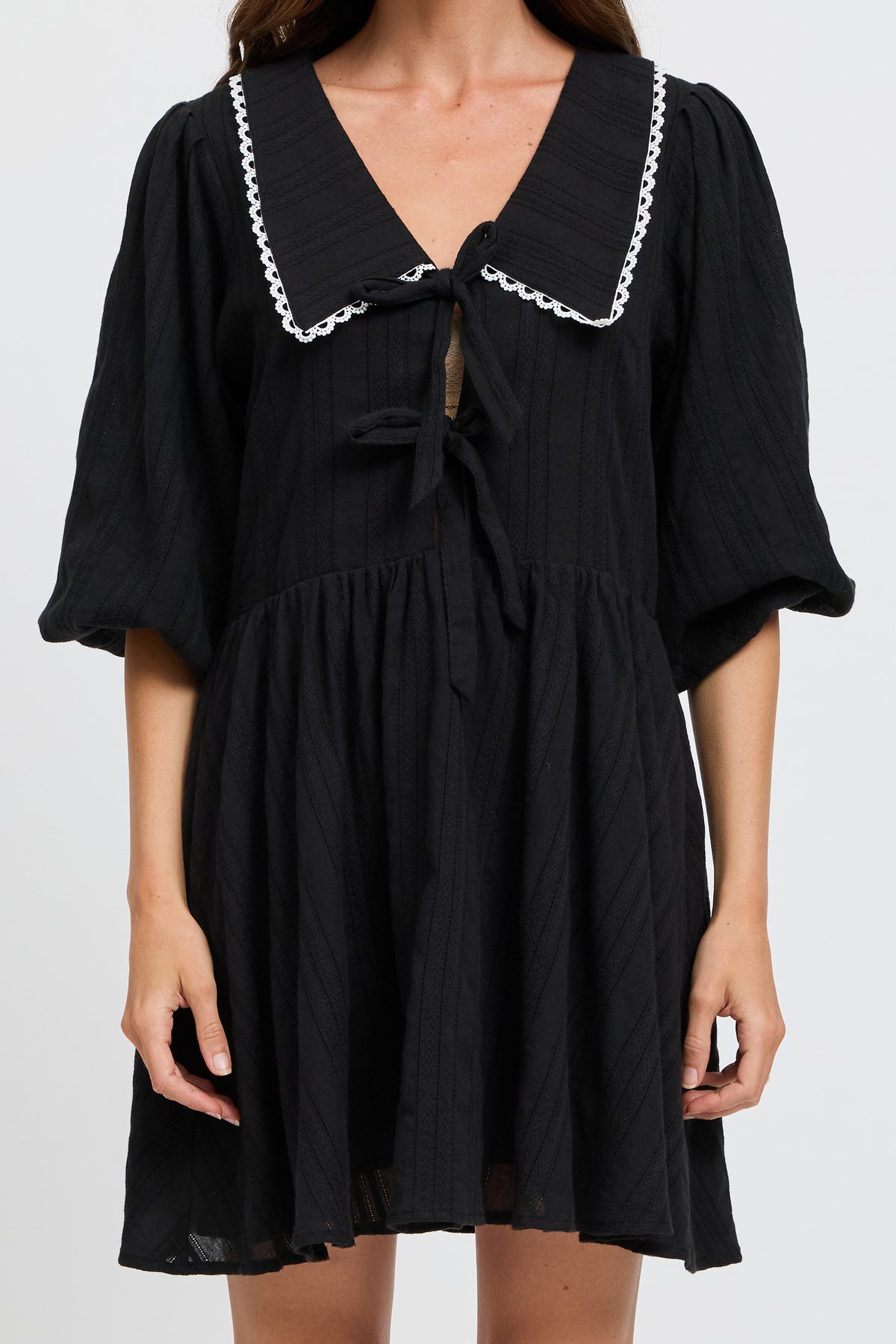 Petra Collared Tie-Front Mini Dress - Black