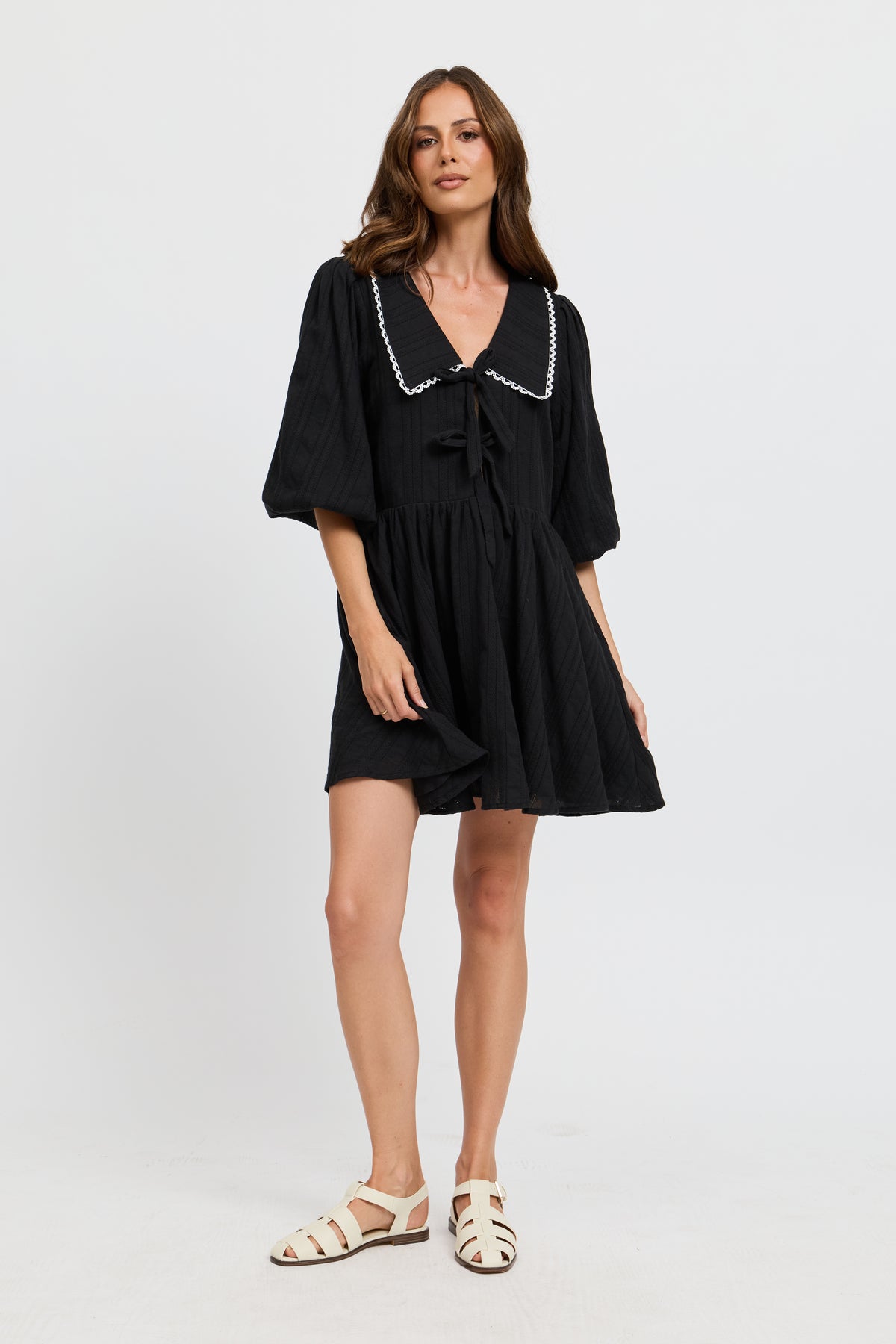 Petra Collared Tie-Front Mini Dress - Black