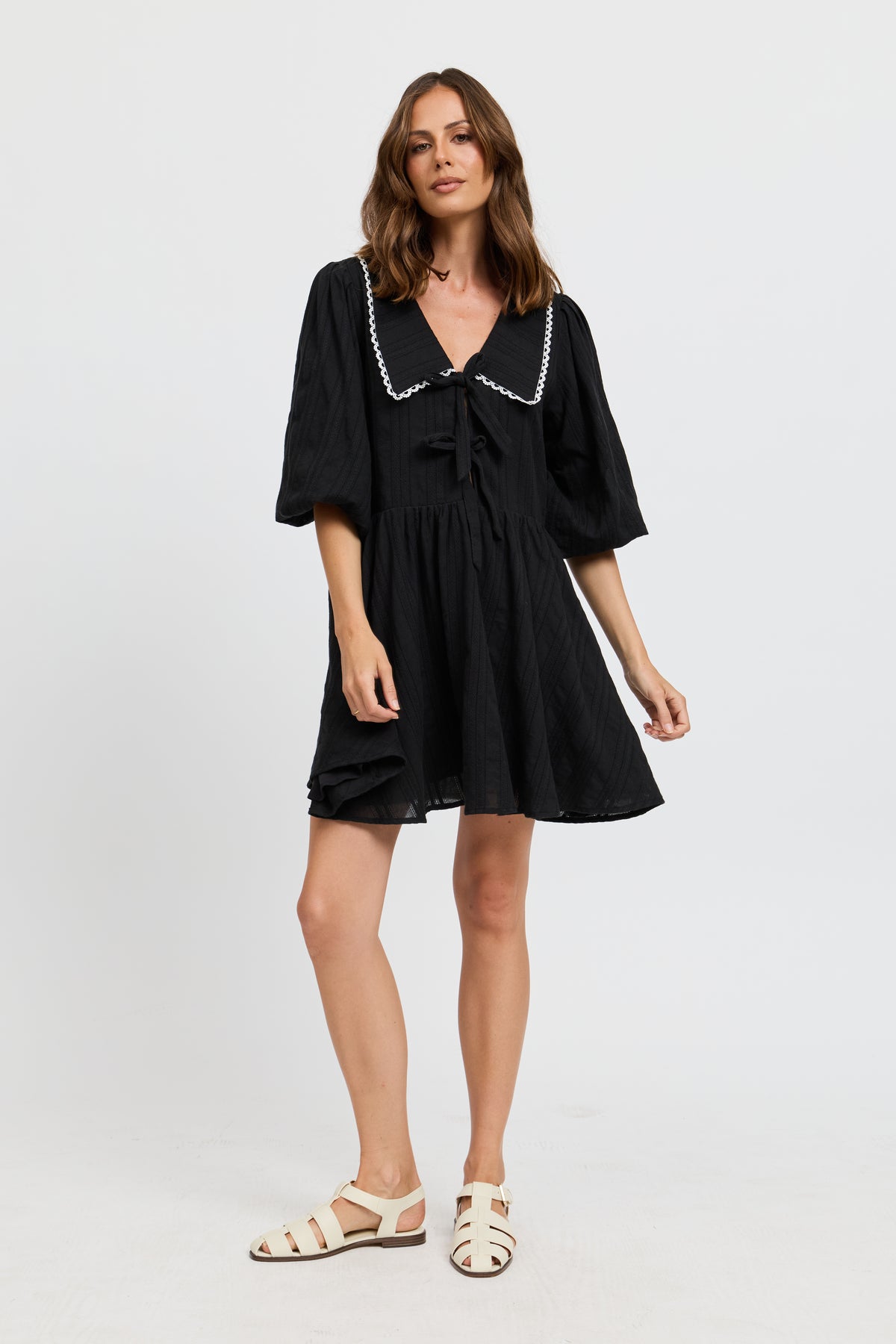 Petra Collared Tie-Front Mini Dress - Black