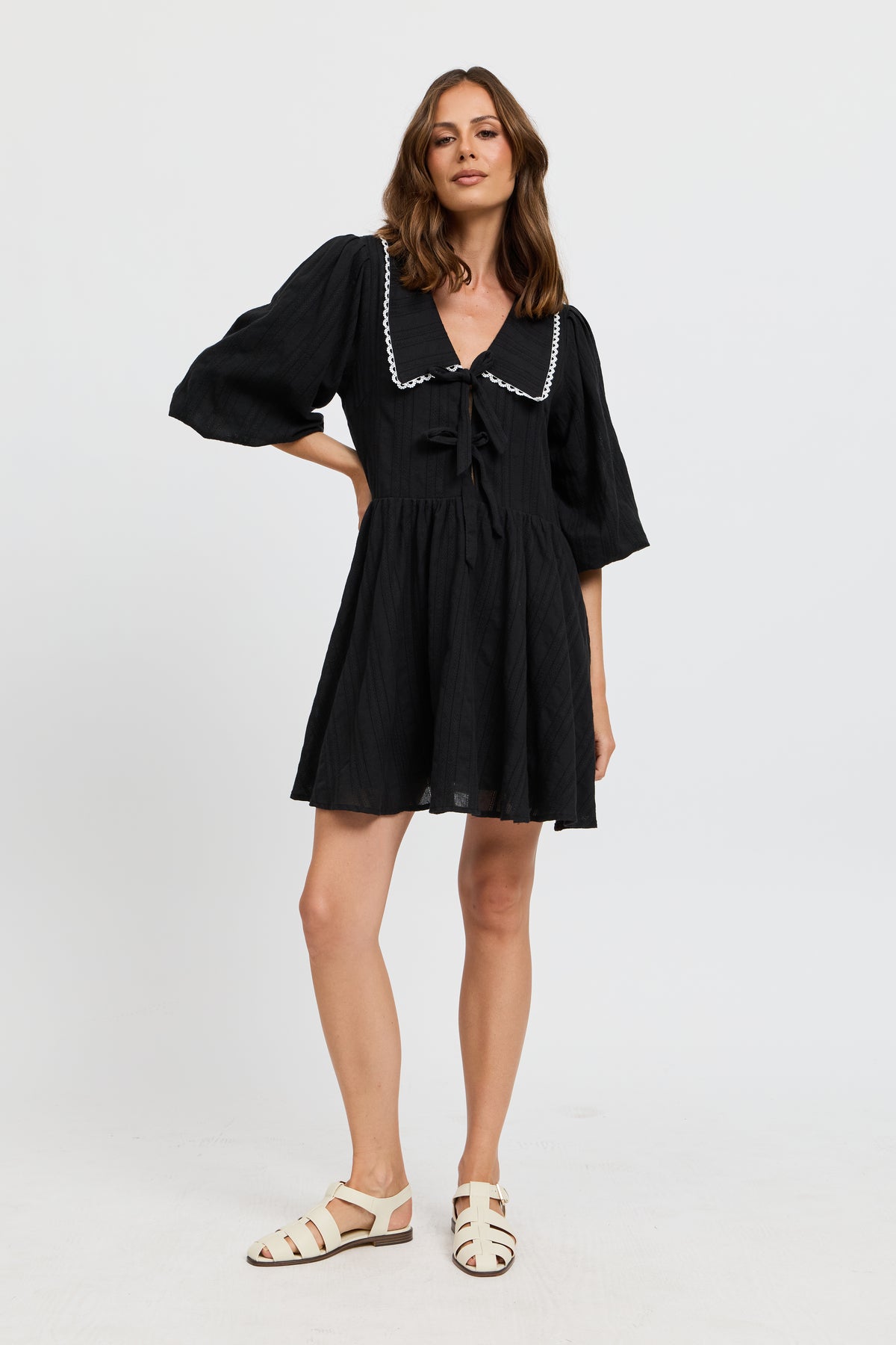 Petra Collared Tie-Front Mini Dress - Black