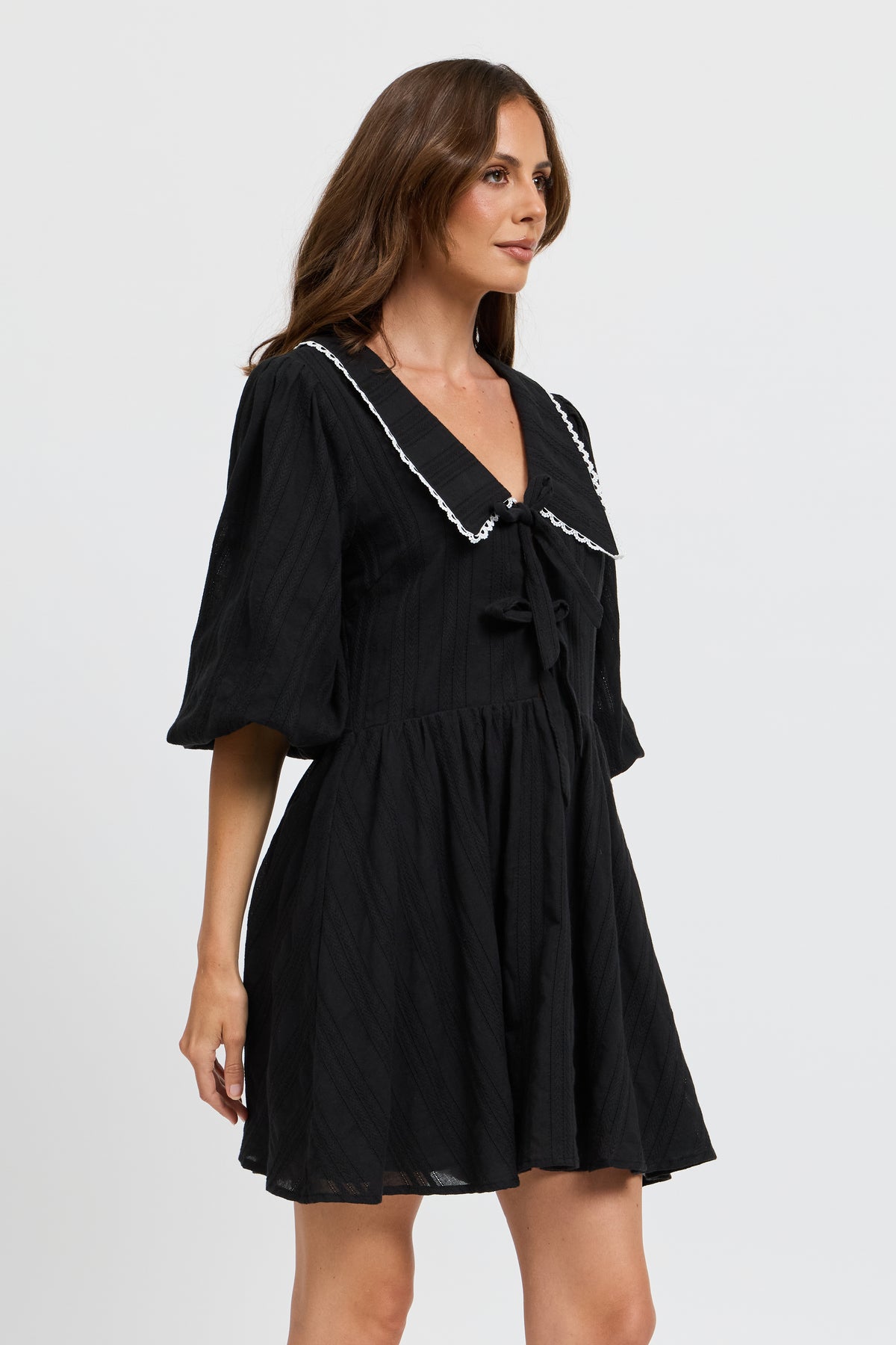 Petra Collared Tie-Front Mini Dress - Black