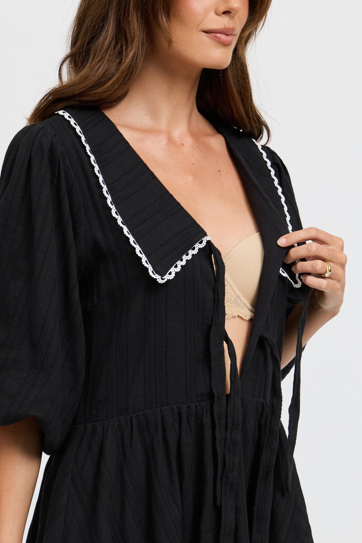 Petra Collared Tie-Front Mini Dress - Black