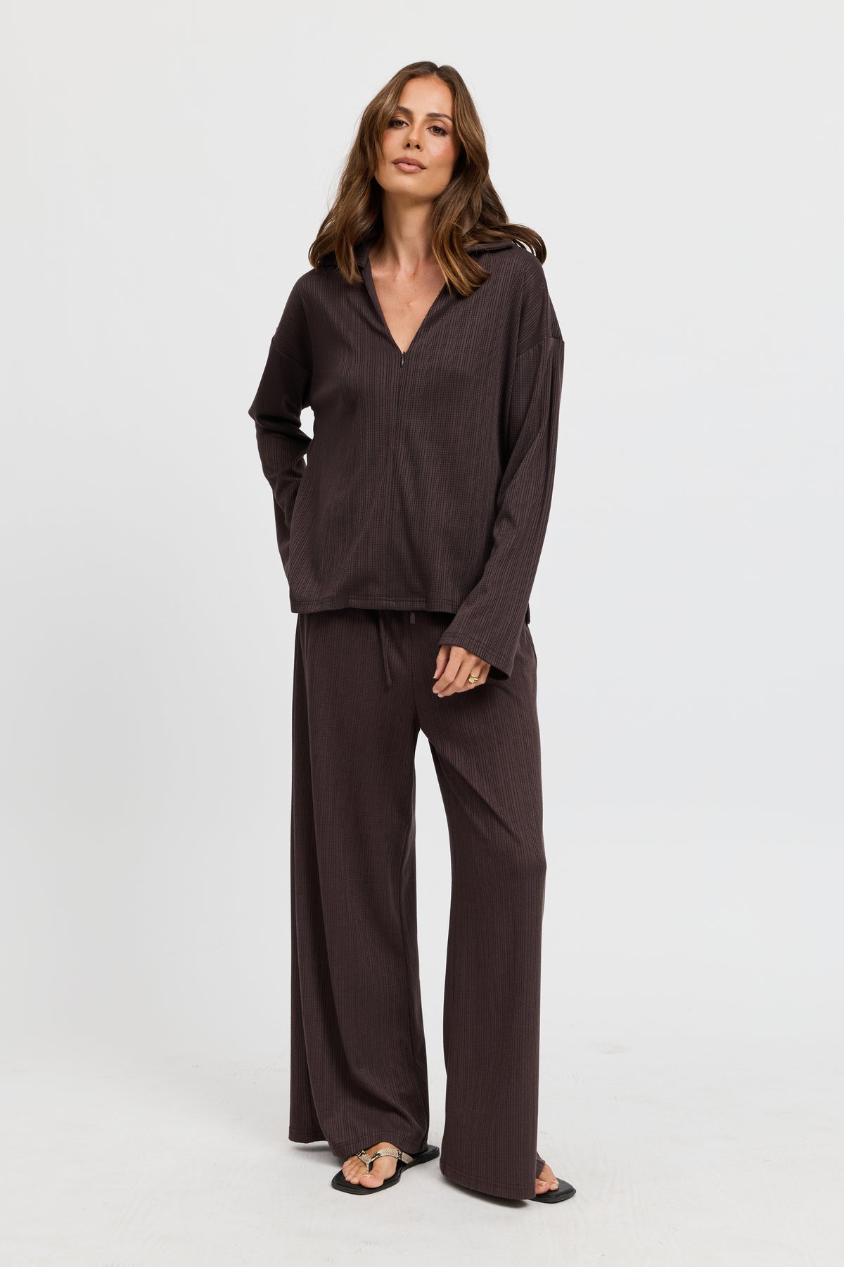 Ivy Waffle Zip-Front Top - Chocolate