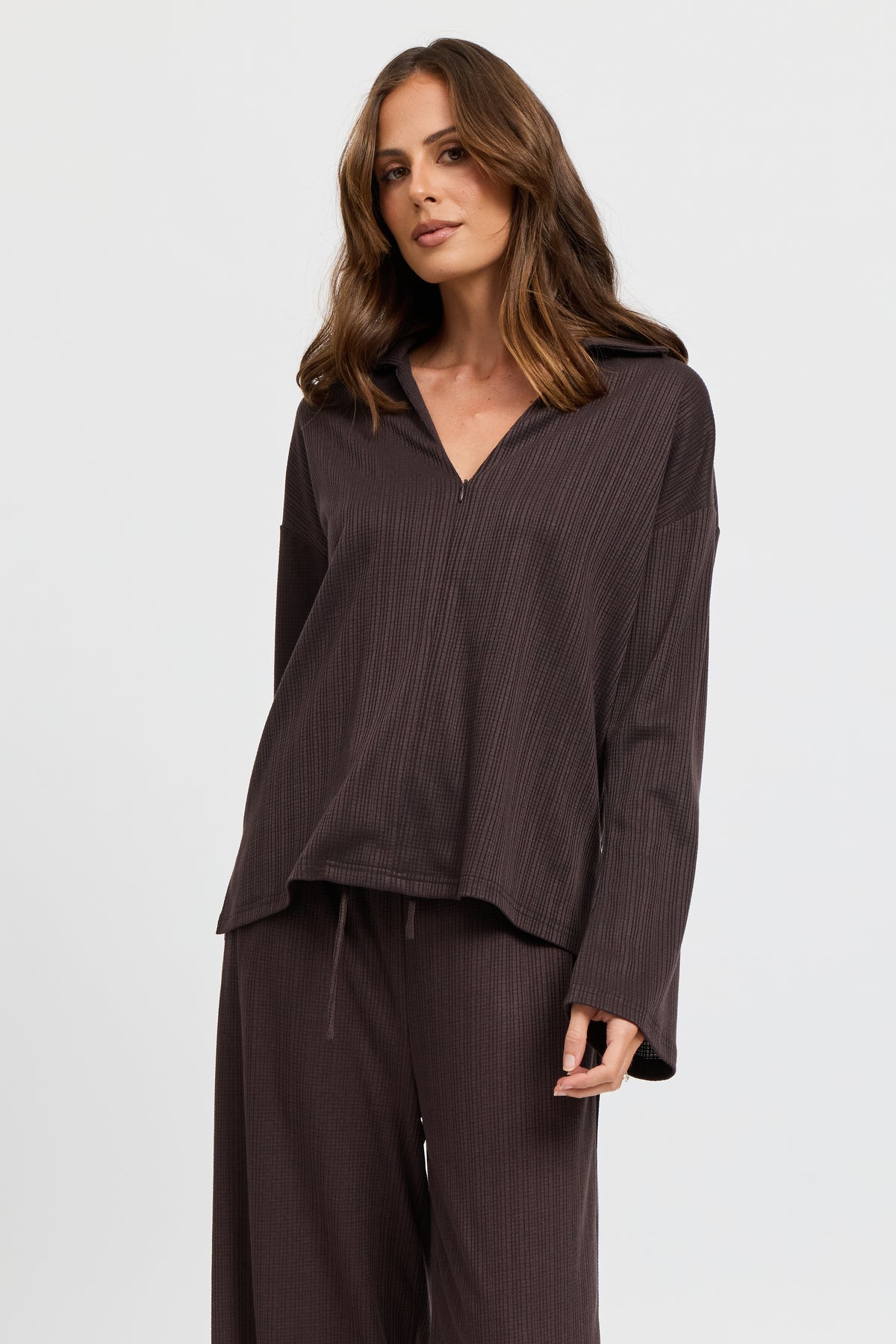 Ivy Waffle Zip-Front Top - Chocolate