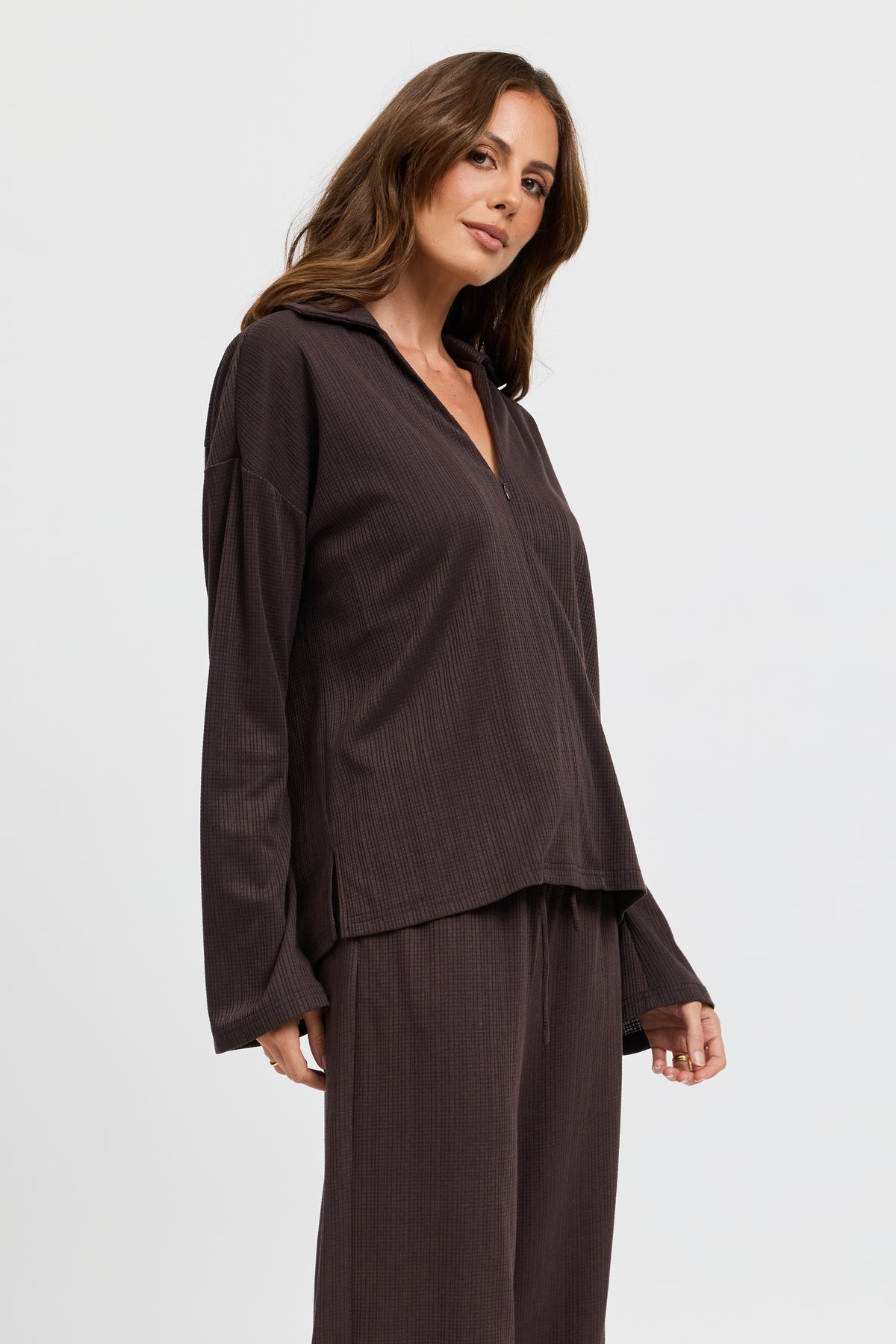 Ivy Waffle Zip-Front Top - Chocolate