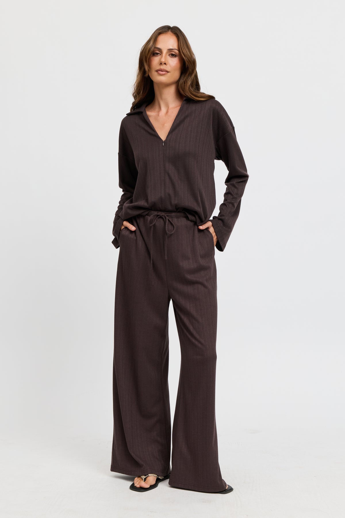 Ivy Waffle Wide Leg Pants - Chocolate