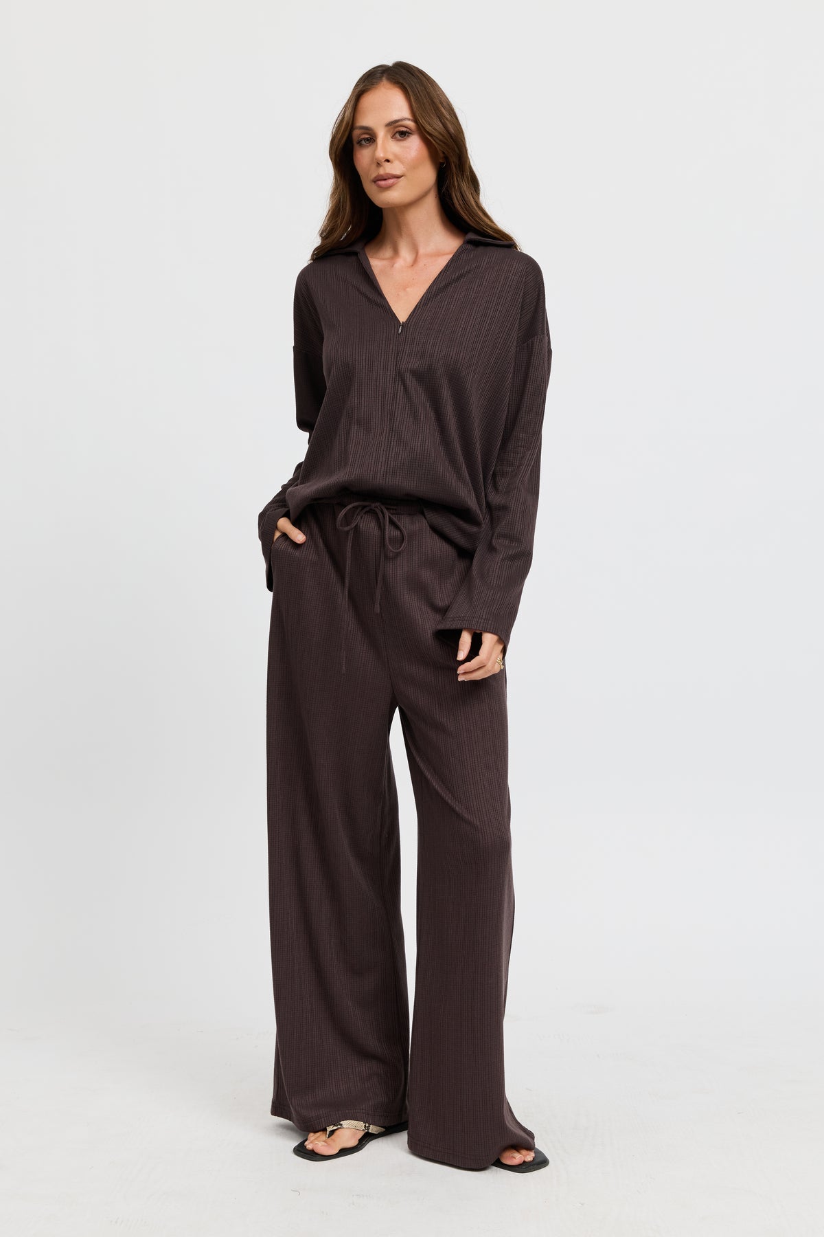 Ivy Waffle Zip-Front Top - Chocolate