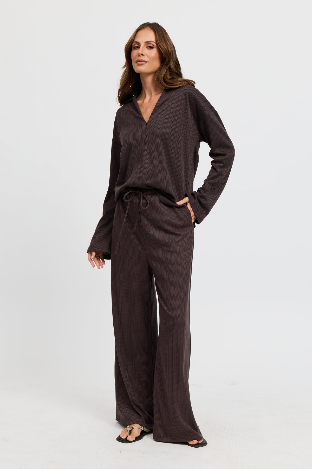 Ivy Waffle Zip-Front Top - Chocolate