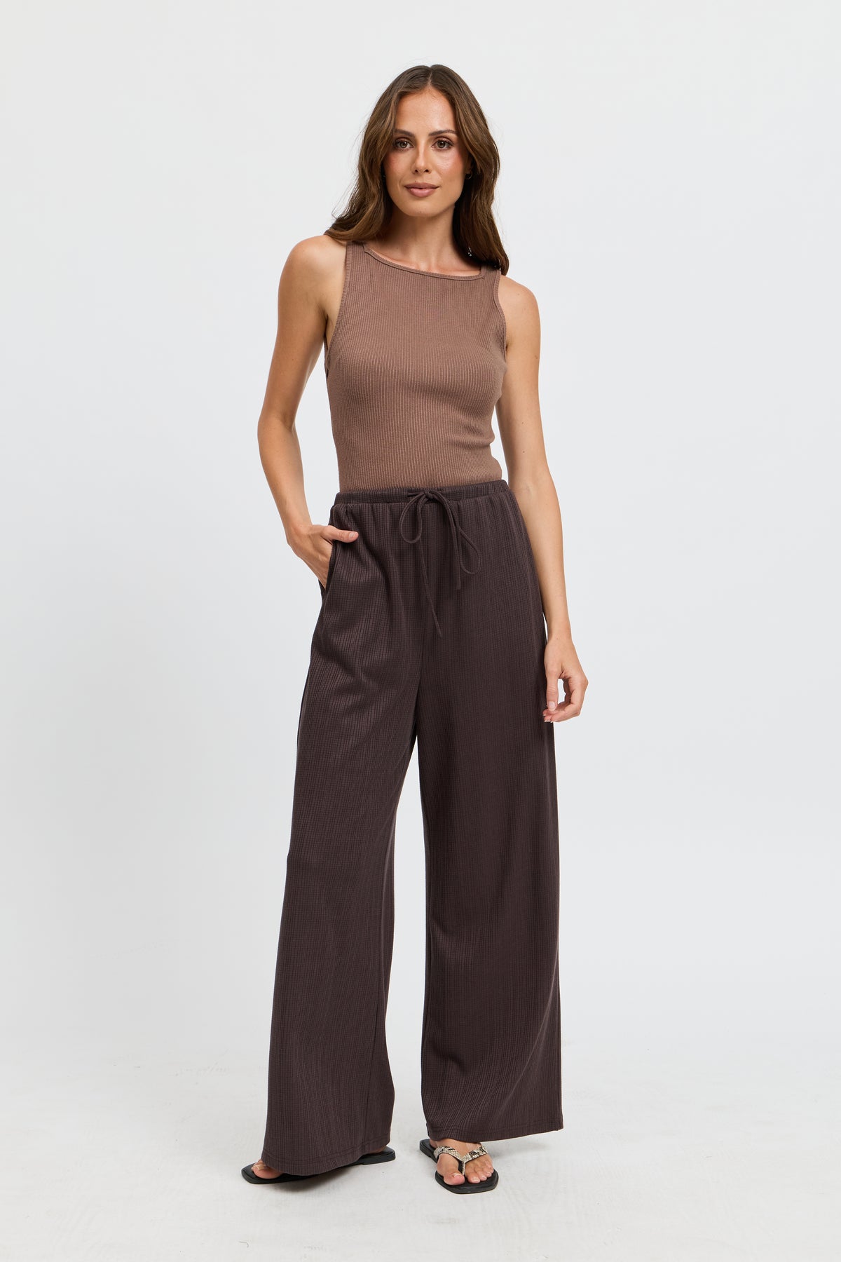 Ivy Waffle Wide Leg Pants - Chocolate