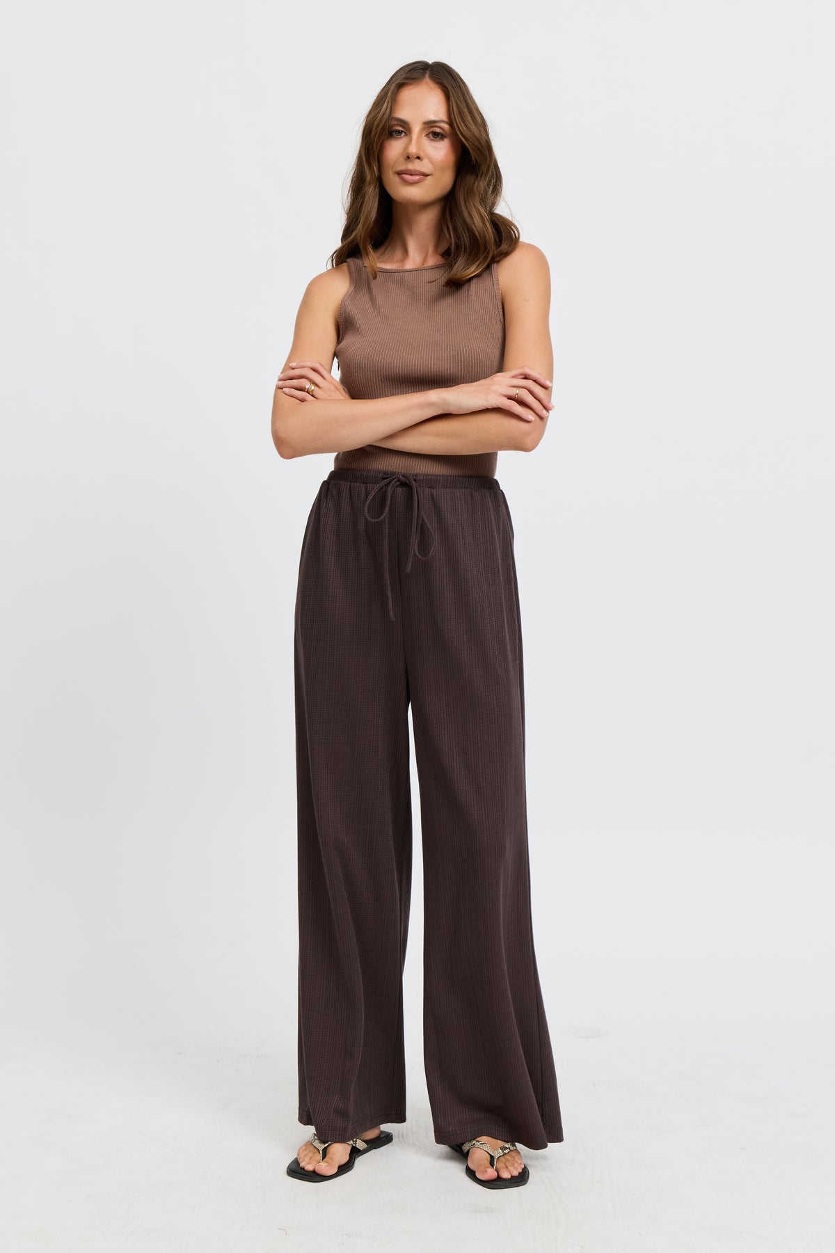 Ivy Waffle Wide Leg Pants - Chocolate