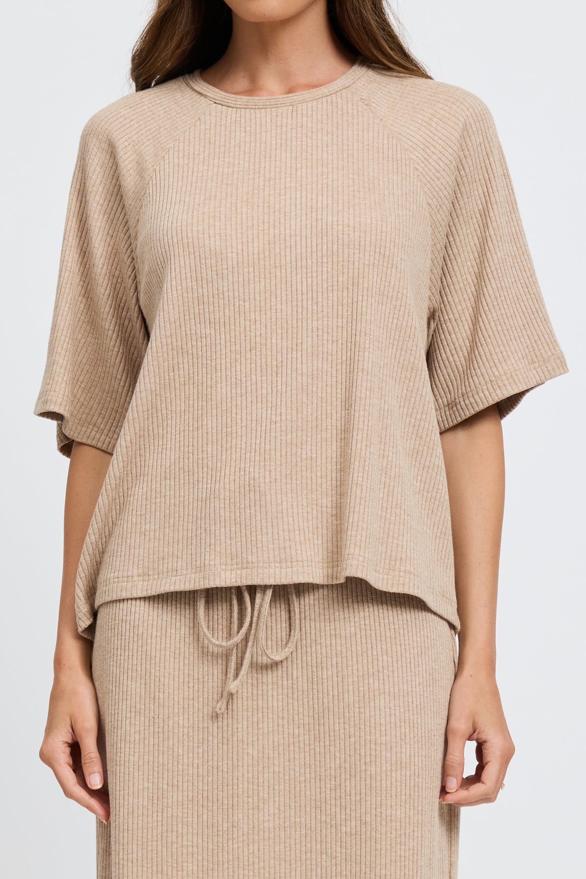 Winnie Ribbed Box-Cut Tee - Beige Marle