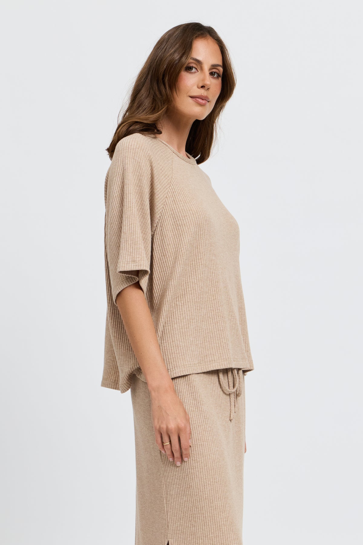 Winnie Ribbed Box-Cut Tee - Beige Marle