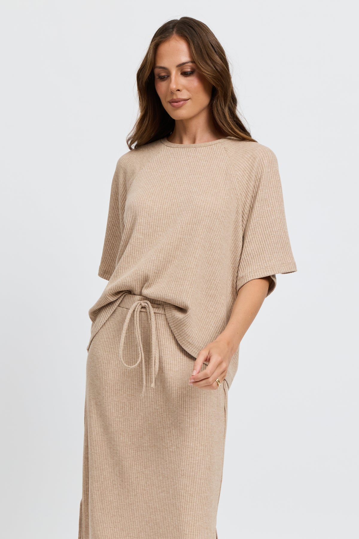 Winnie Ribbed Box-Cut Tee - Beige Marle