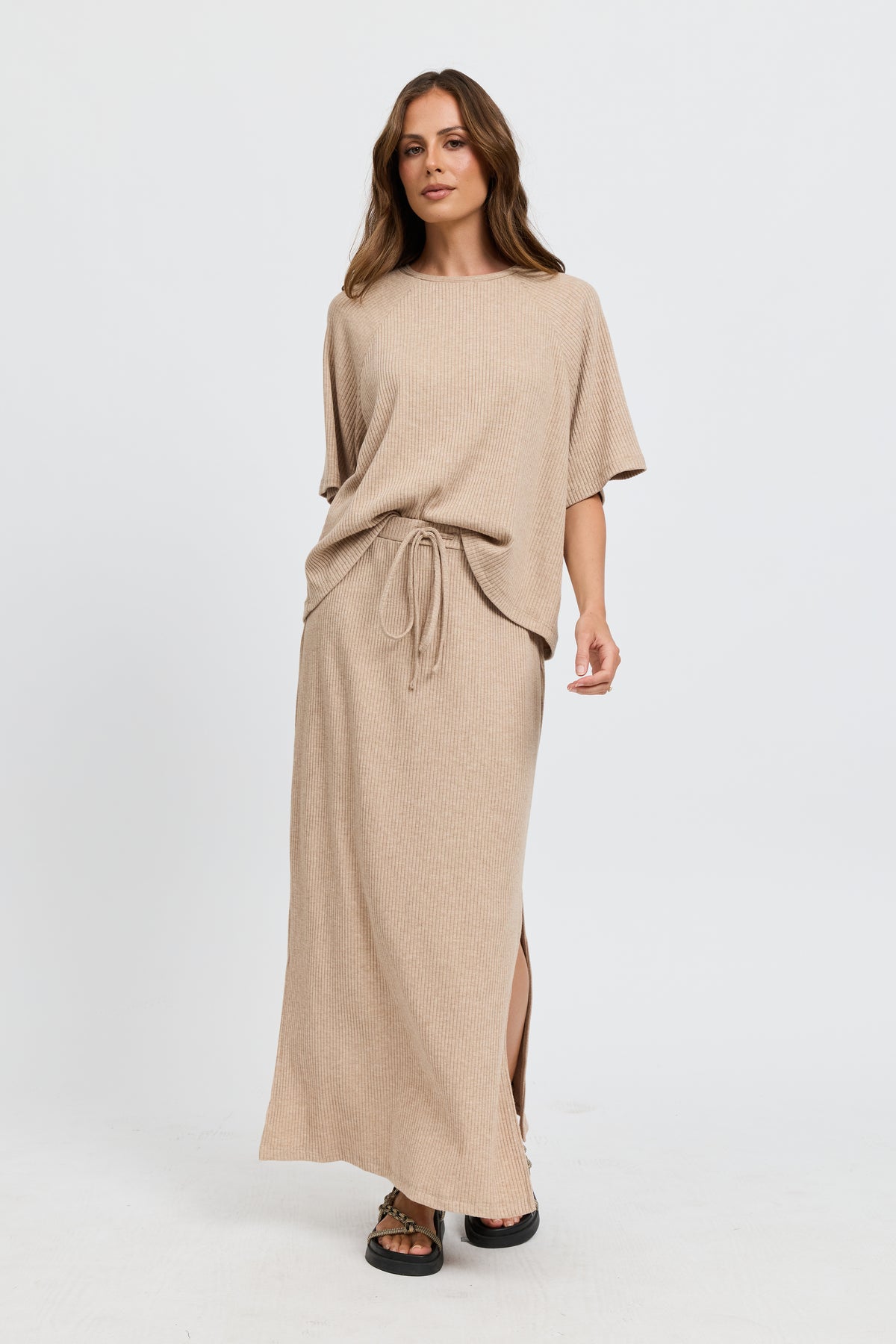 Winnie Ribbed Box-Cut Tee - Beige Marle