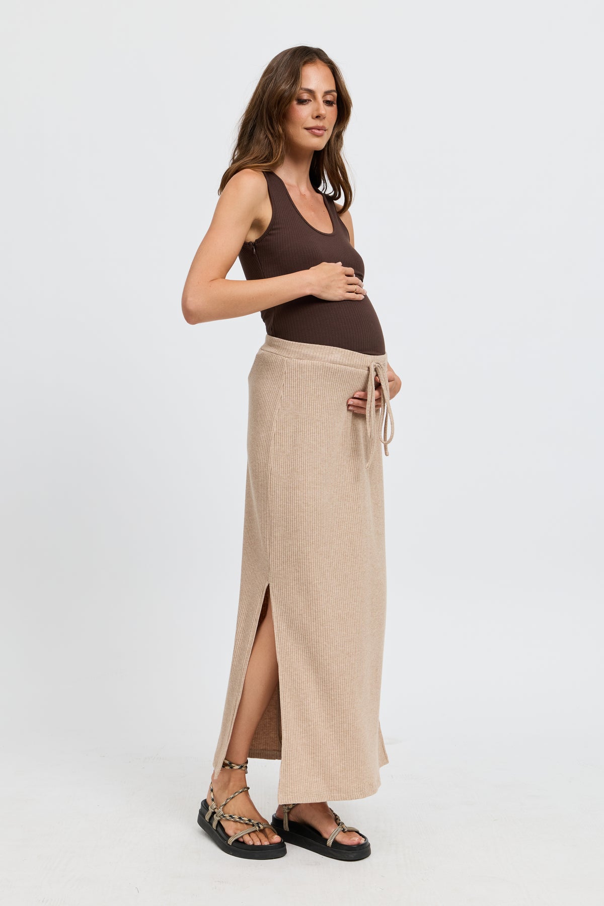 Winnie Ribbed Midi Skirt - Beige Marle