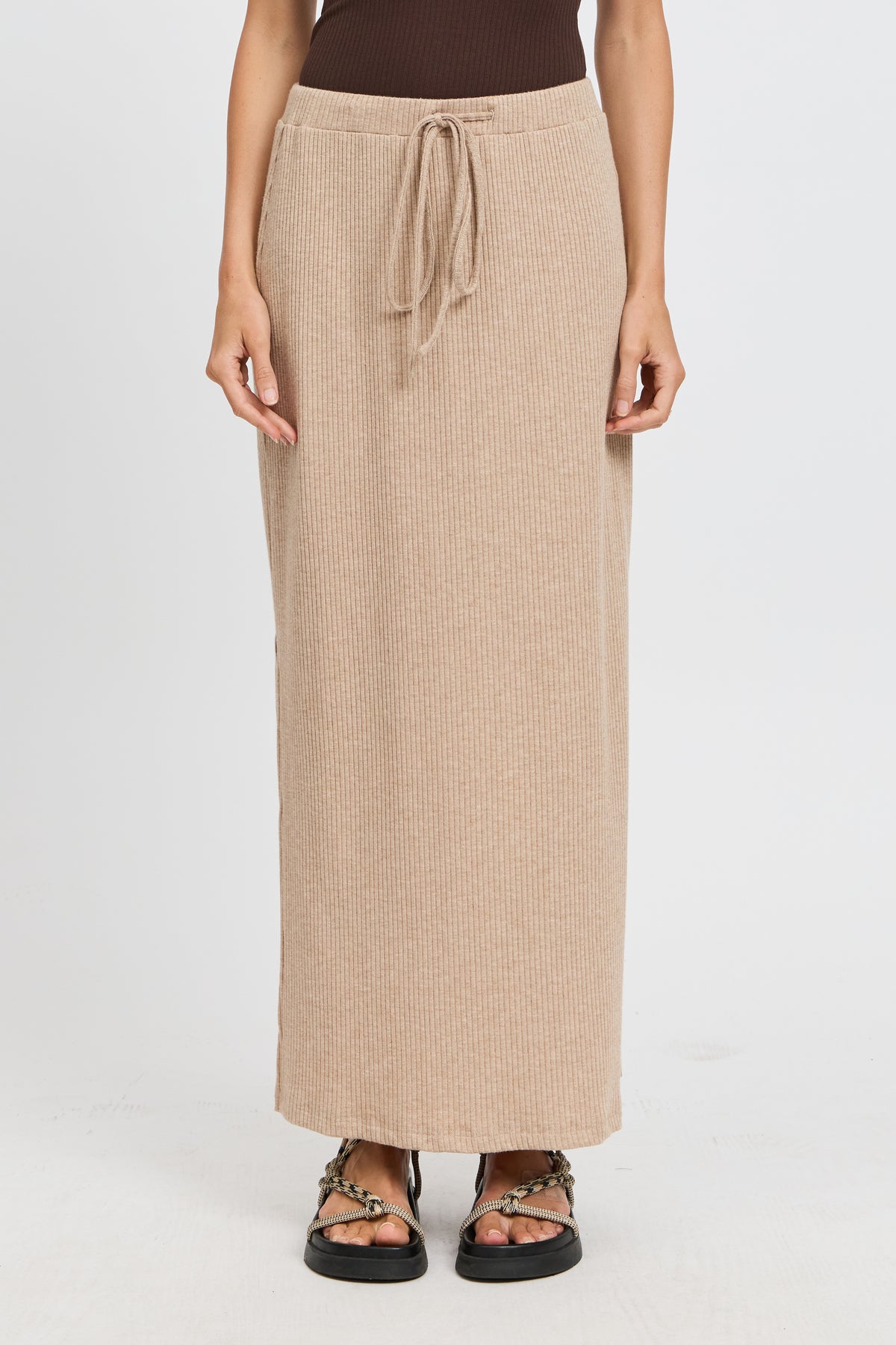 Winnie Ribbed Midi Skirt - Beige Marle