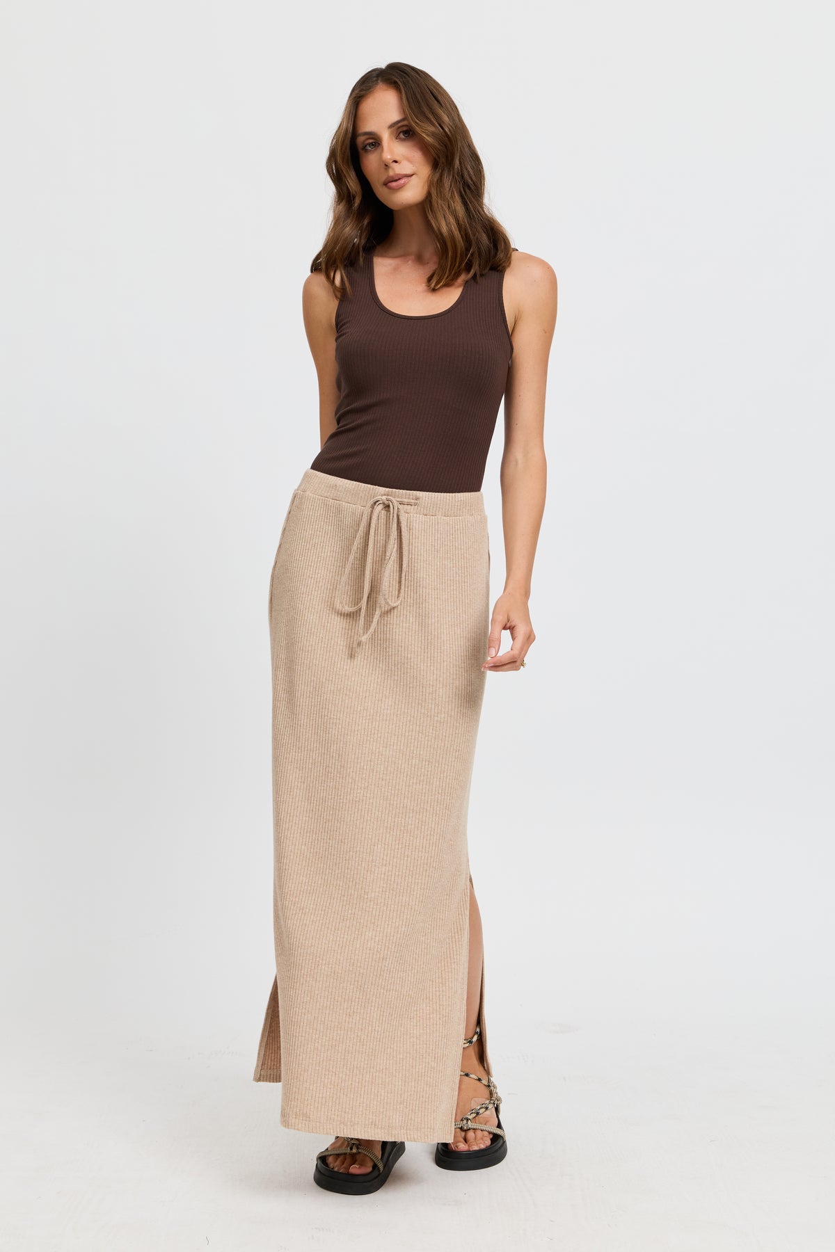 Winnie Ribbed Midi Skirt - Beige Marle