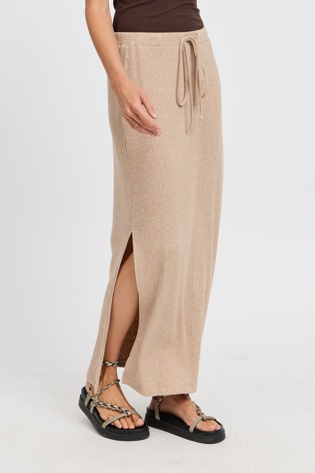 Winnie Ribbed Midi Skirt - Beige Marle