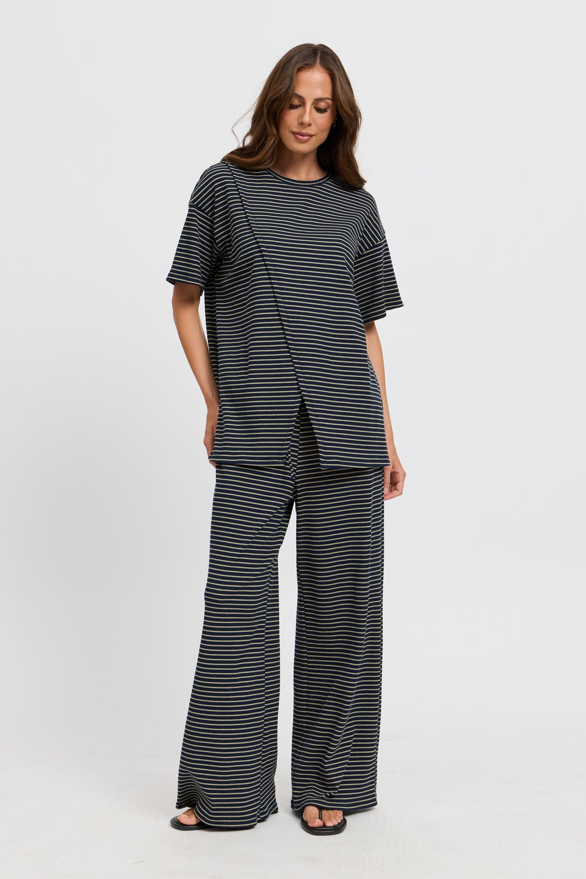 Ivy Stripe Longline Wrap Tee - Navy / Khaki