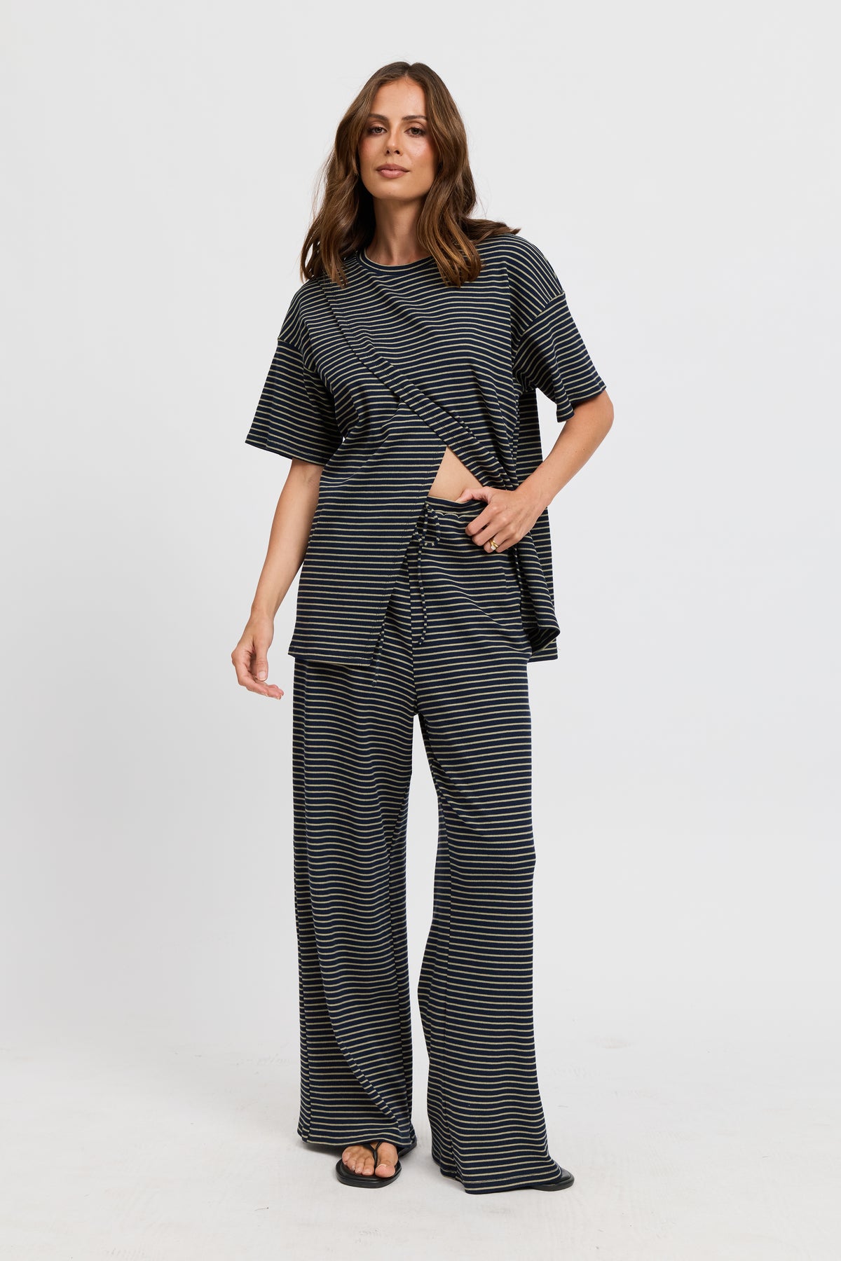 Ivy Stripe Longline Wrap Tee - Navy / Khaki