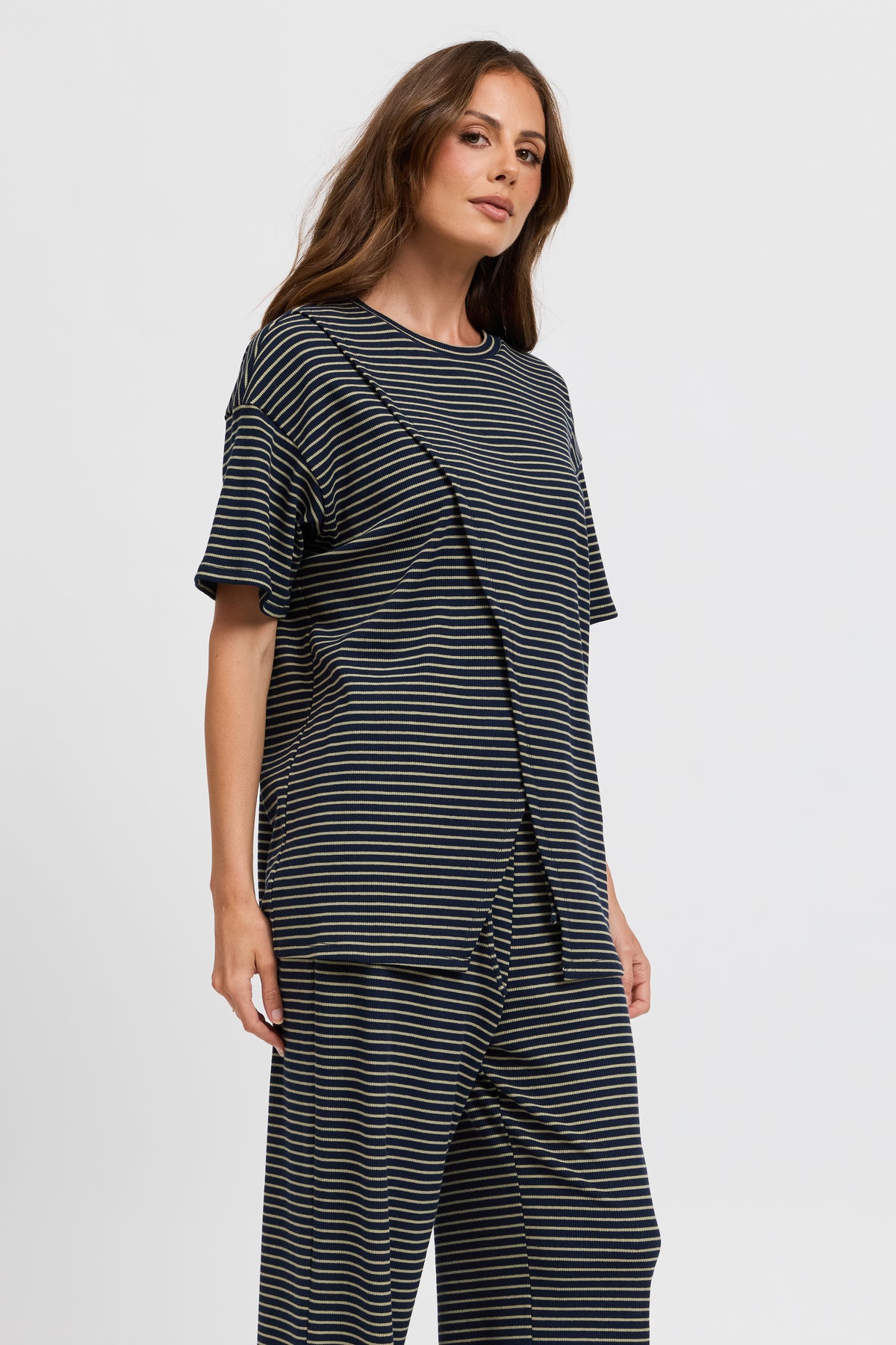 Ivy Stripe Longline Wrap Tee - Navy / Khaki