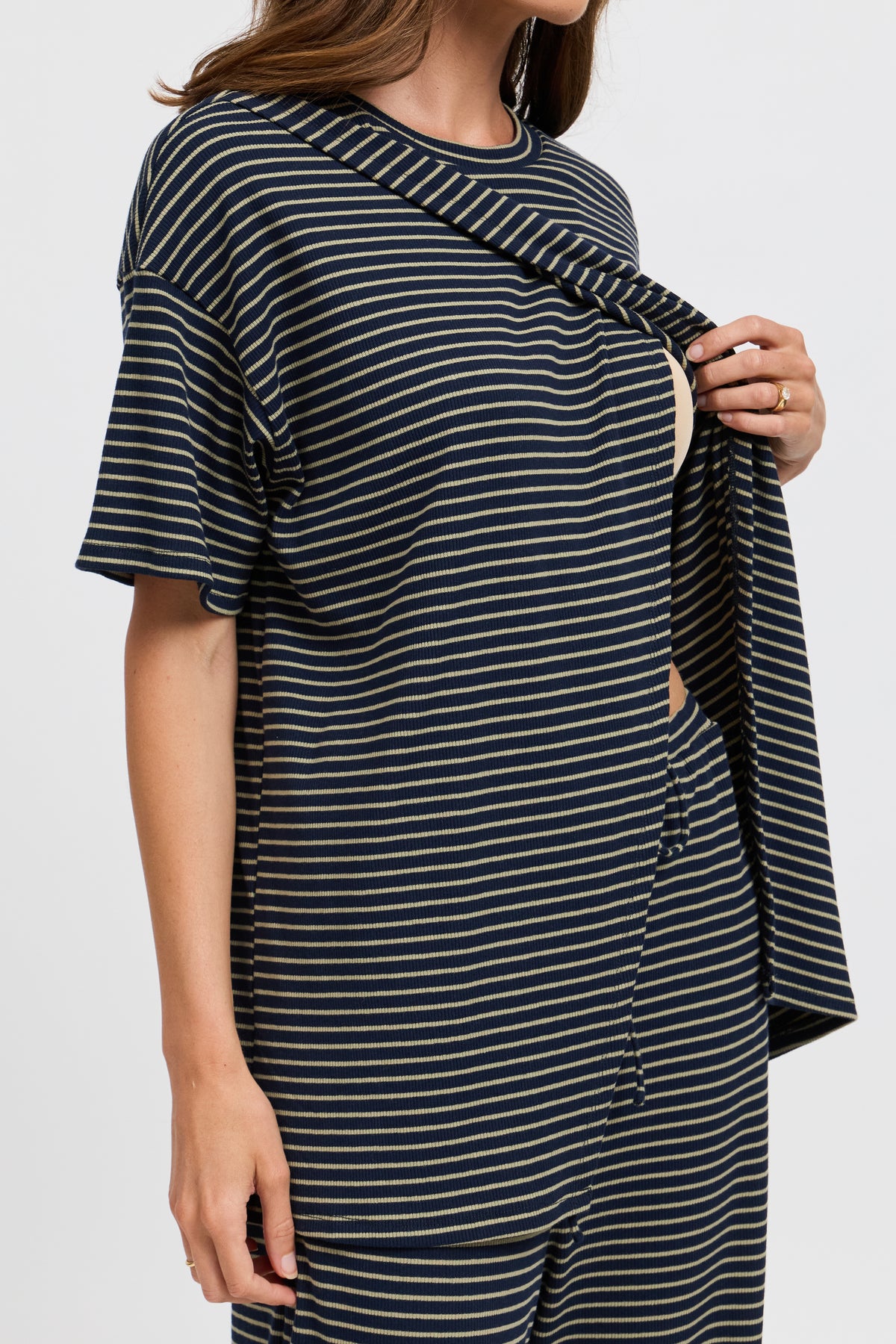 Ivy Stripe Longline Wrap Tee - Navy / Khaki