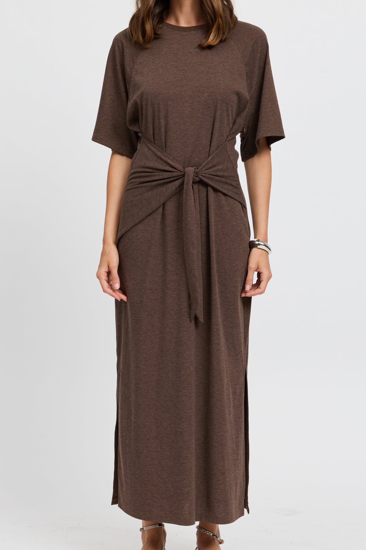 Alia Tie-Detail Box-Cut Tee Dress - Chocolate