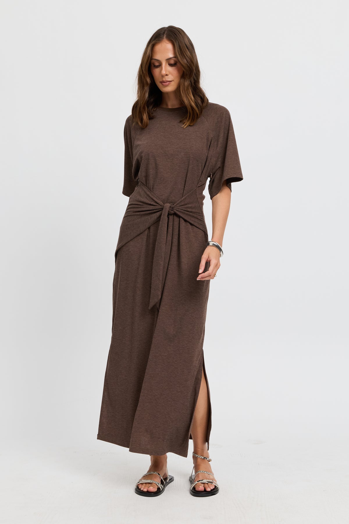 Alia Tie-Detail Box-Cut Tee Dress - Chocolate