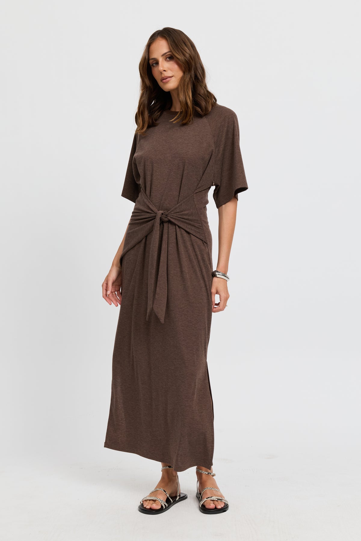 Alia Tie-Detail Box-Cut Tee Dress - Chocolate
