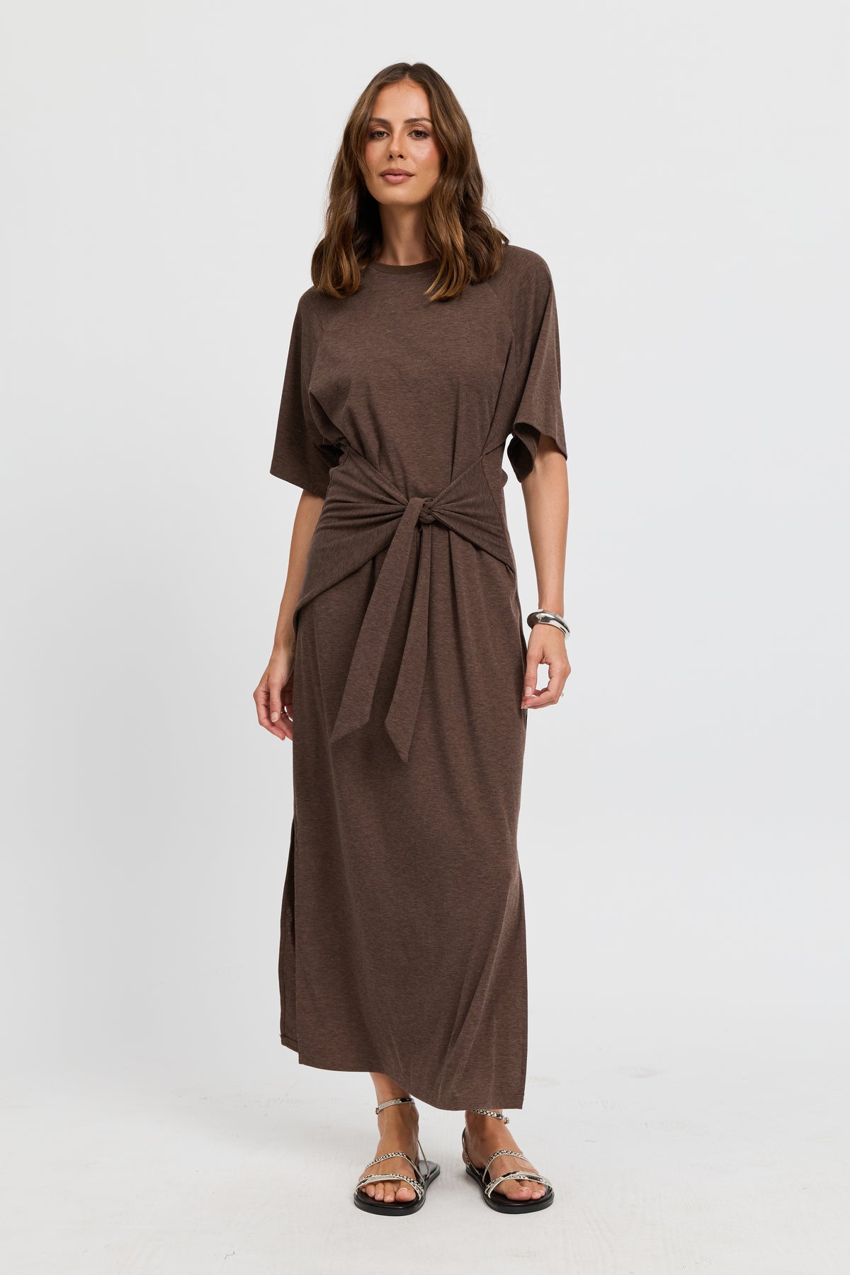 Alia Tie-Detail Box-Cut Tee Dress - Chocolate