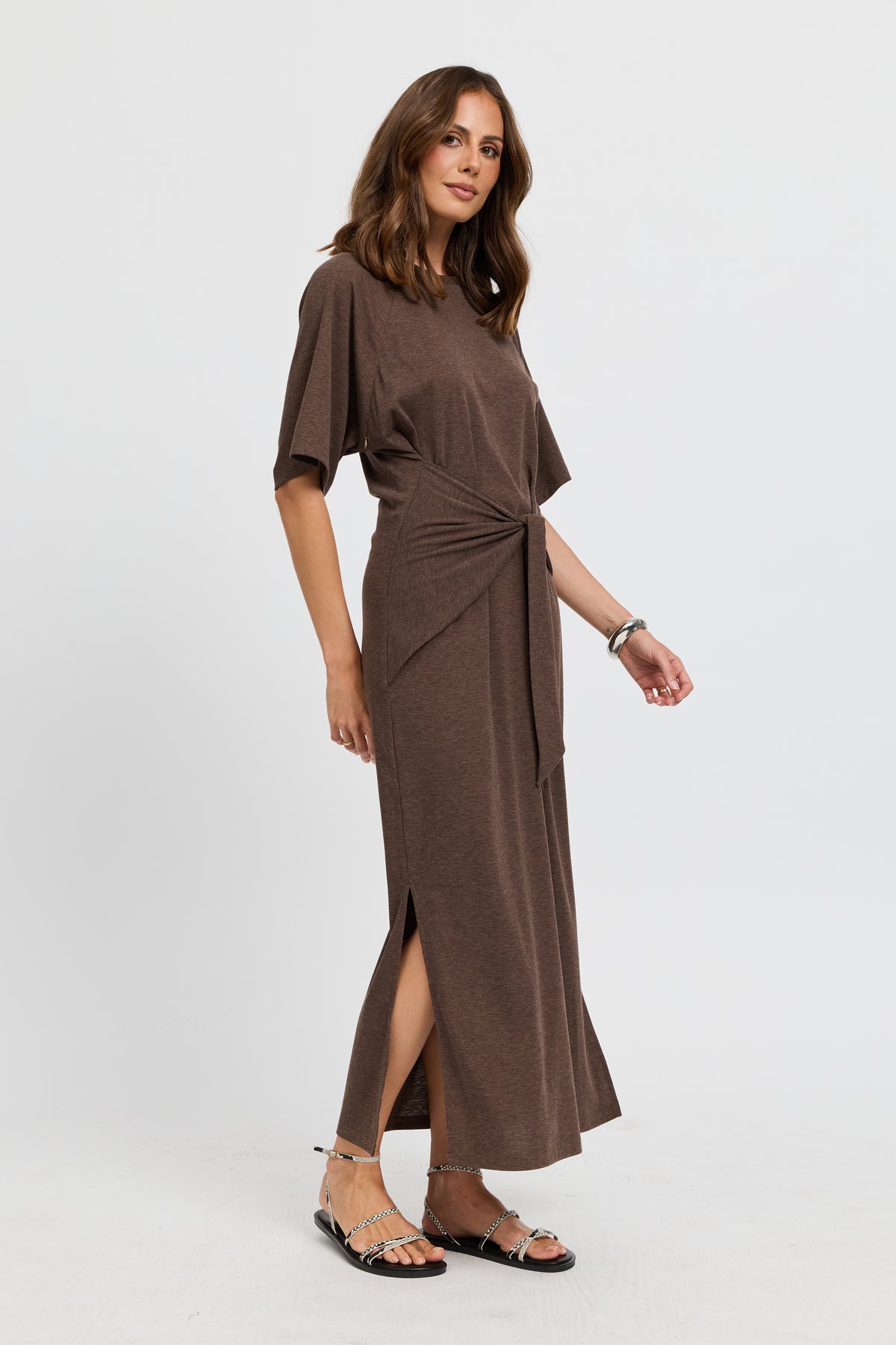 Alia Tie-Detail Box-Cut Tee Dress - Chocolate