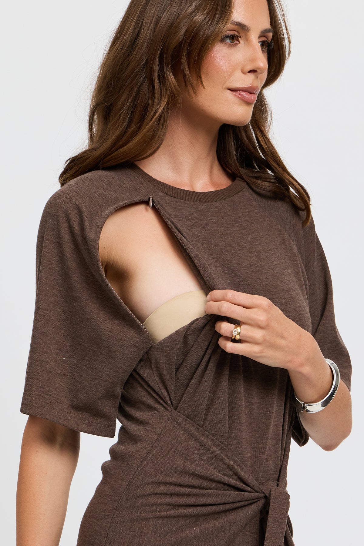 Alia Tie-Detail Box-Cut Tee Dress - Chocolate