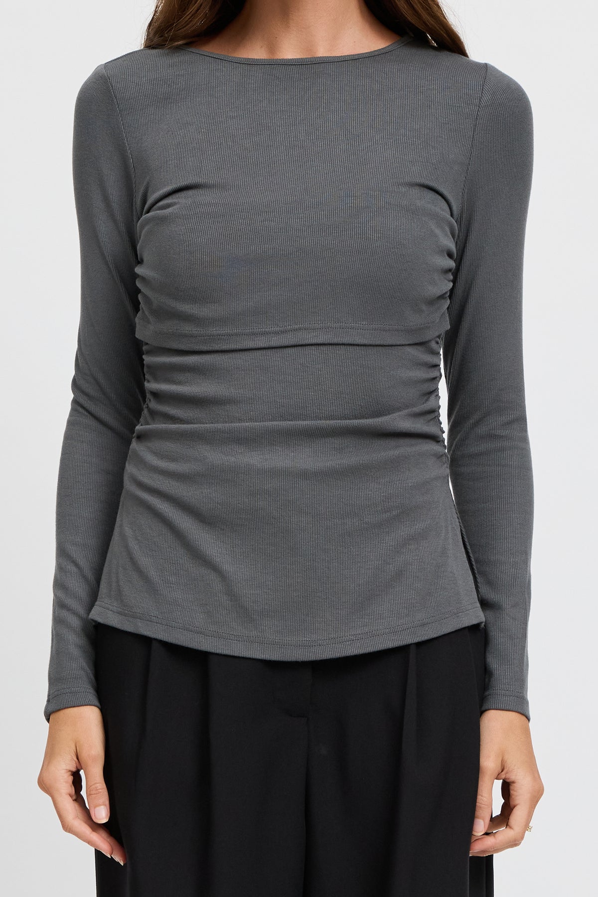 Ari Ribbed Long Sleeve Top - Charcoal