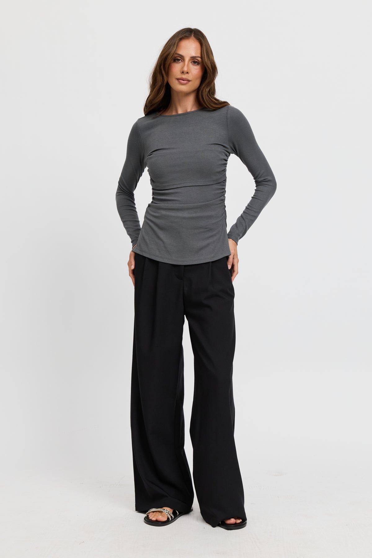 Ari Ribbed Long Sleeve Top - Charcoal