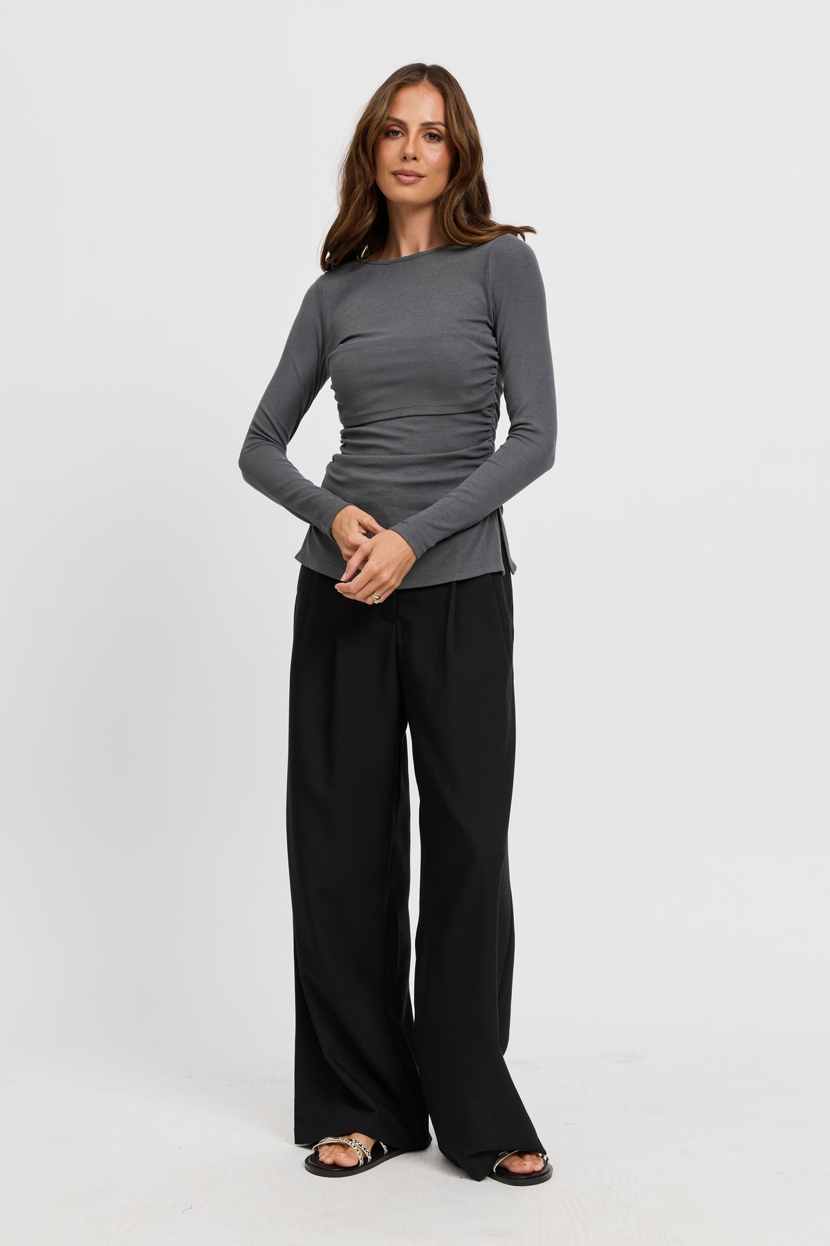 Ari Ribbed Long Sleeve Top - Charcoal