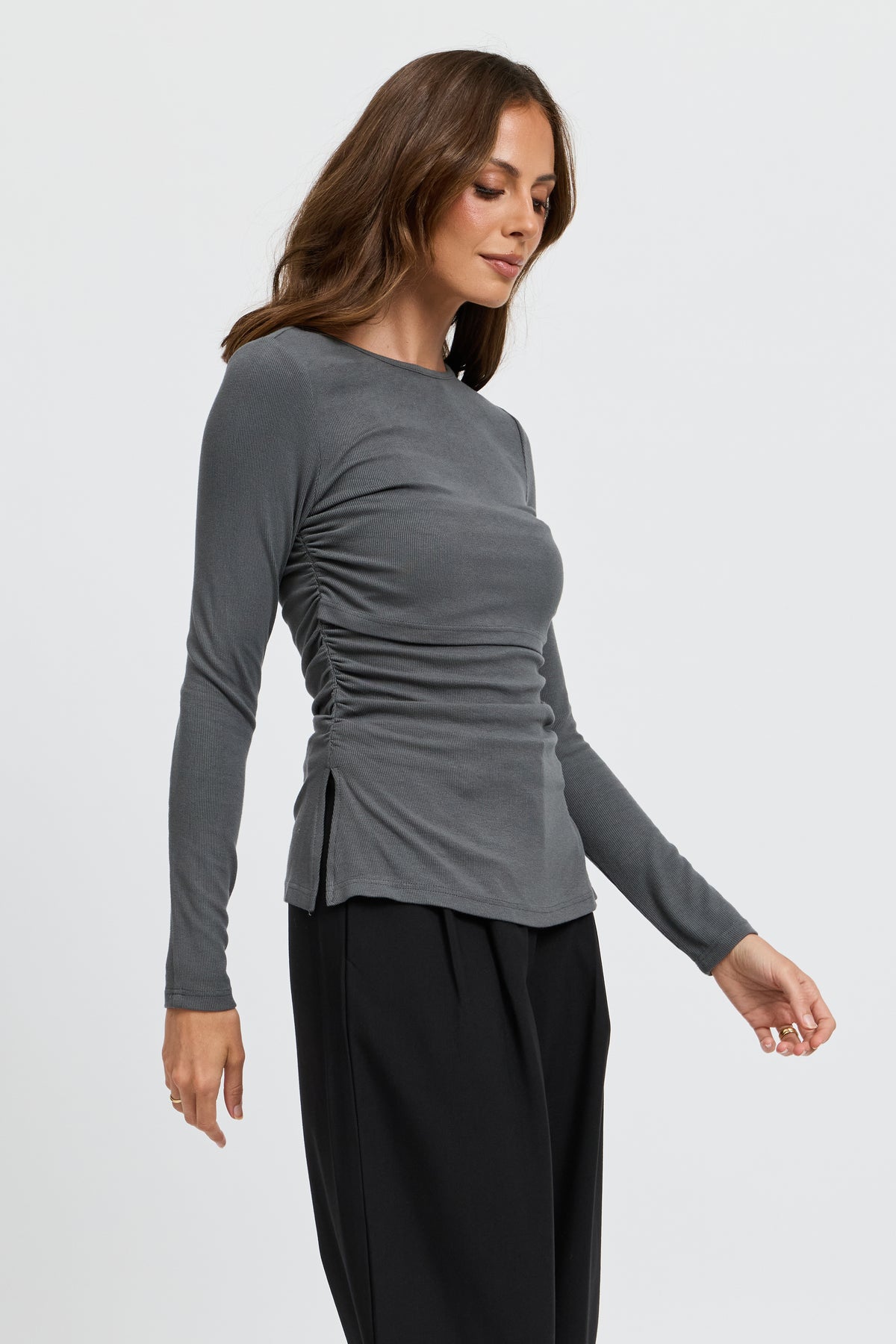 Ari Ribbed Long Sleeve Top - Charcoal