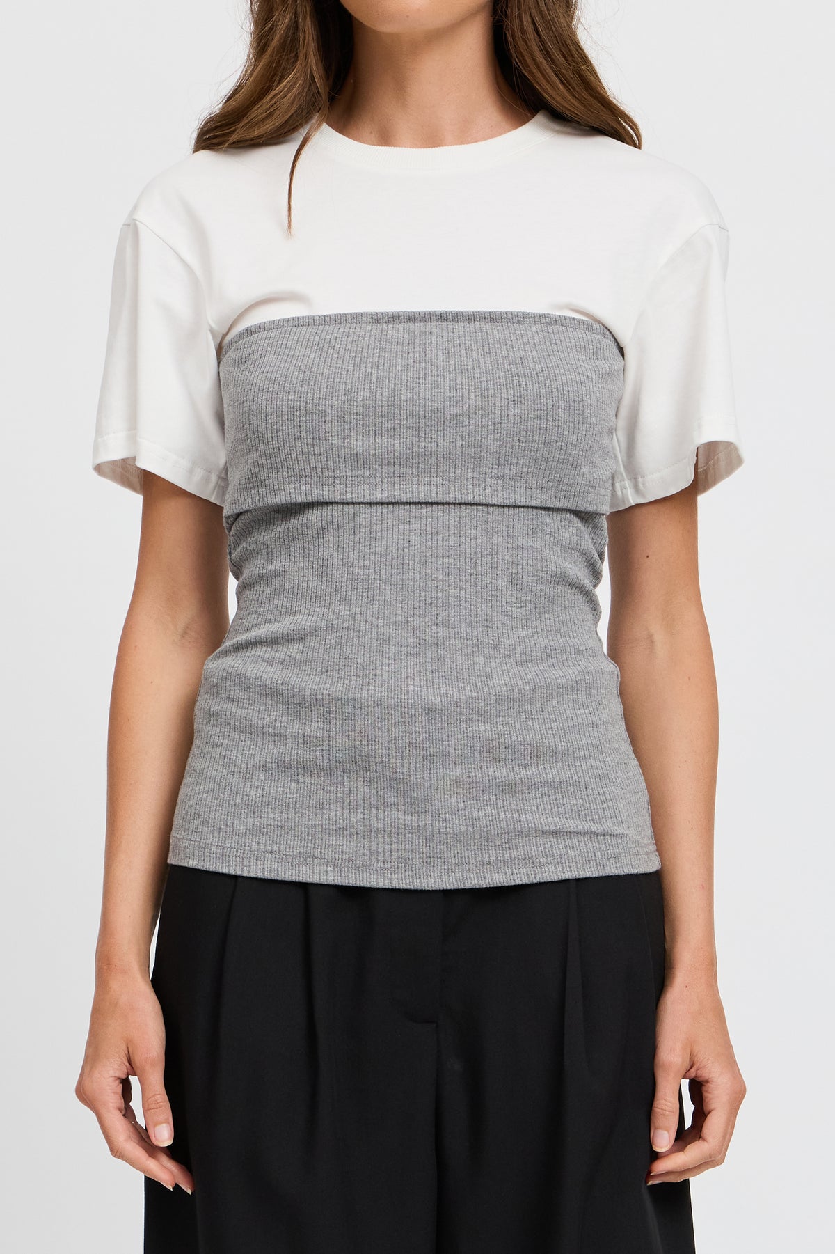 Cleo Ribbed Bodice Tee - White / Grey Marle