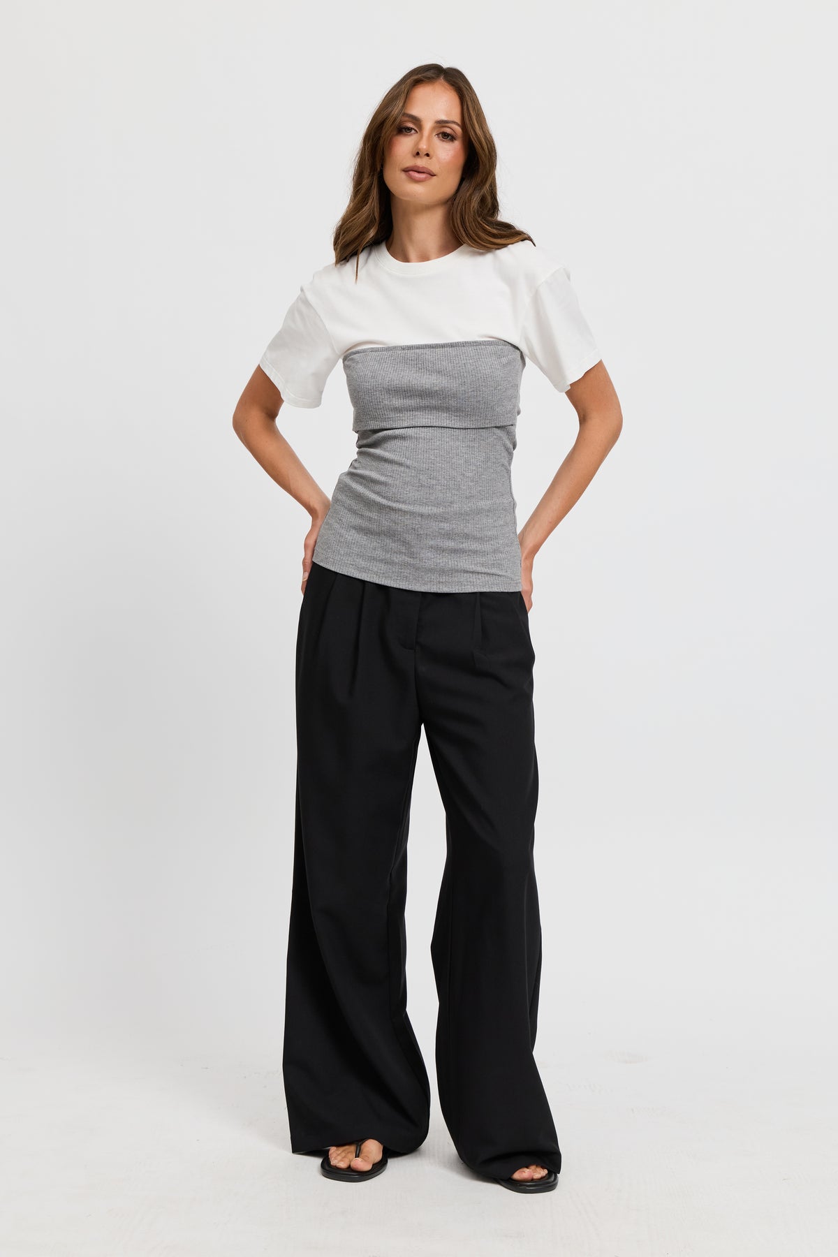 Cleo Ribbed Bodice Tee - White / Grey Marle