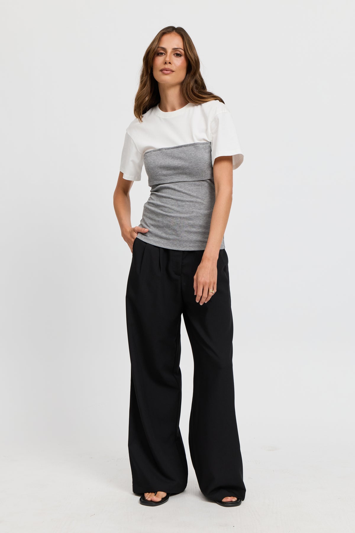Cleo Ribbed Bodice Tee - White / Grey Marle